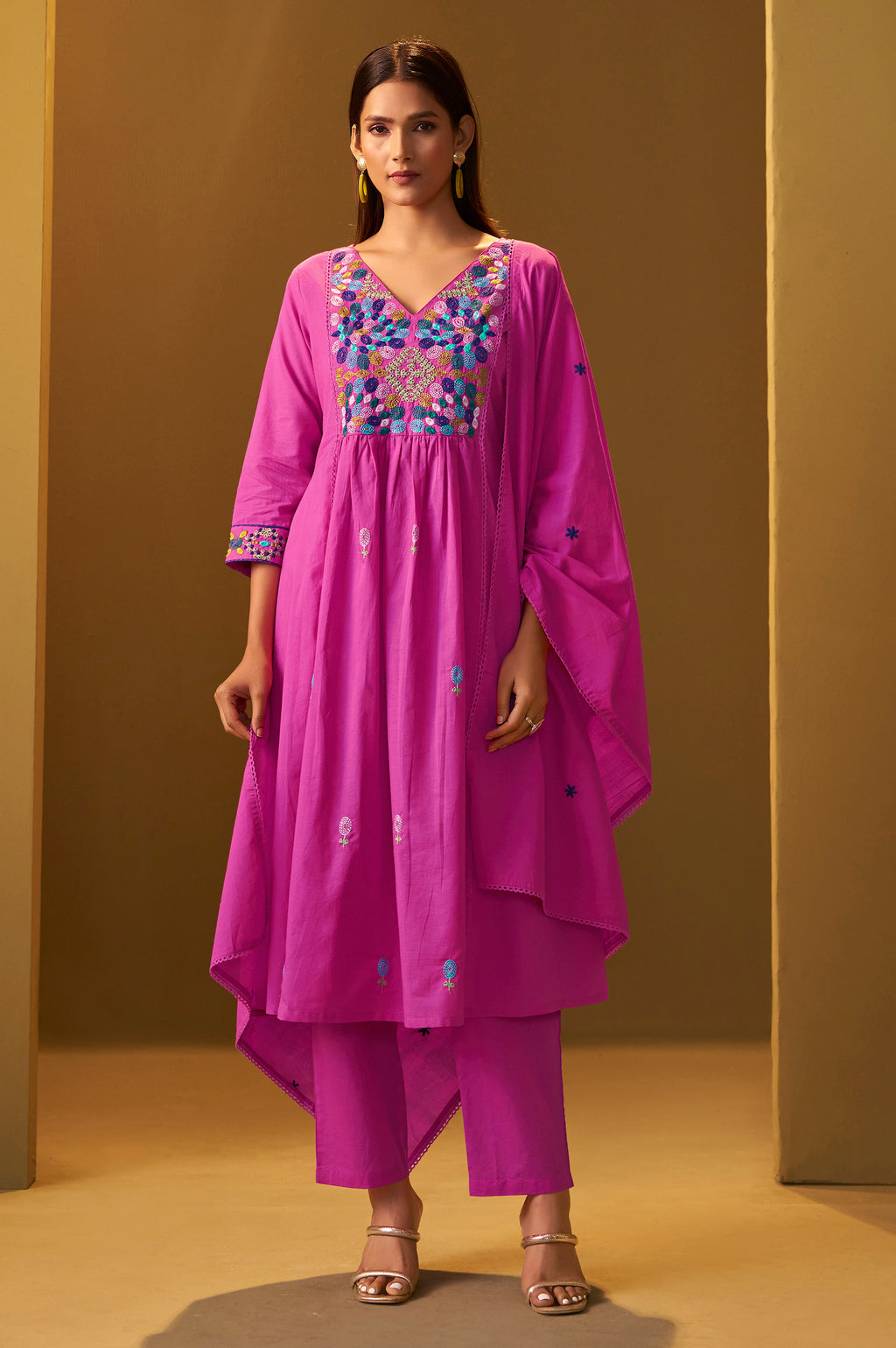 Women's Light Pink Pure Cotton Embroidered Kurta Set with Dupatta