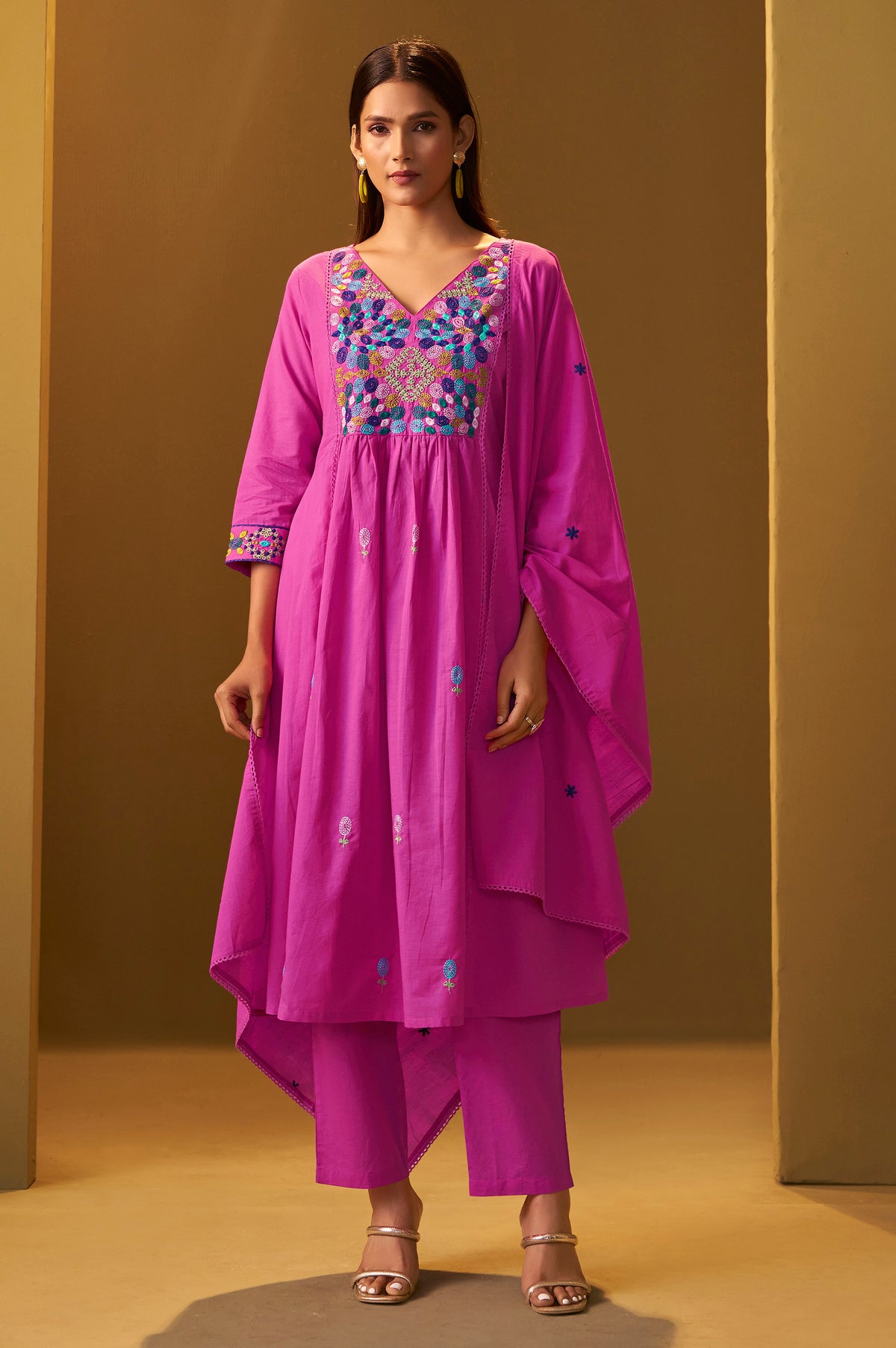 Women's Light Pink Pure Cotton Embroidered Kurta Set with Dupatta