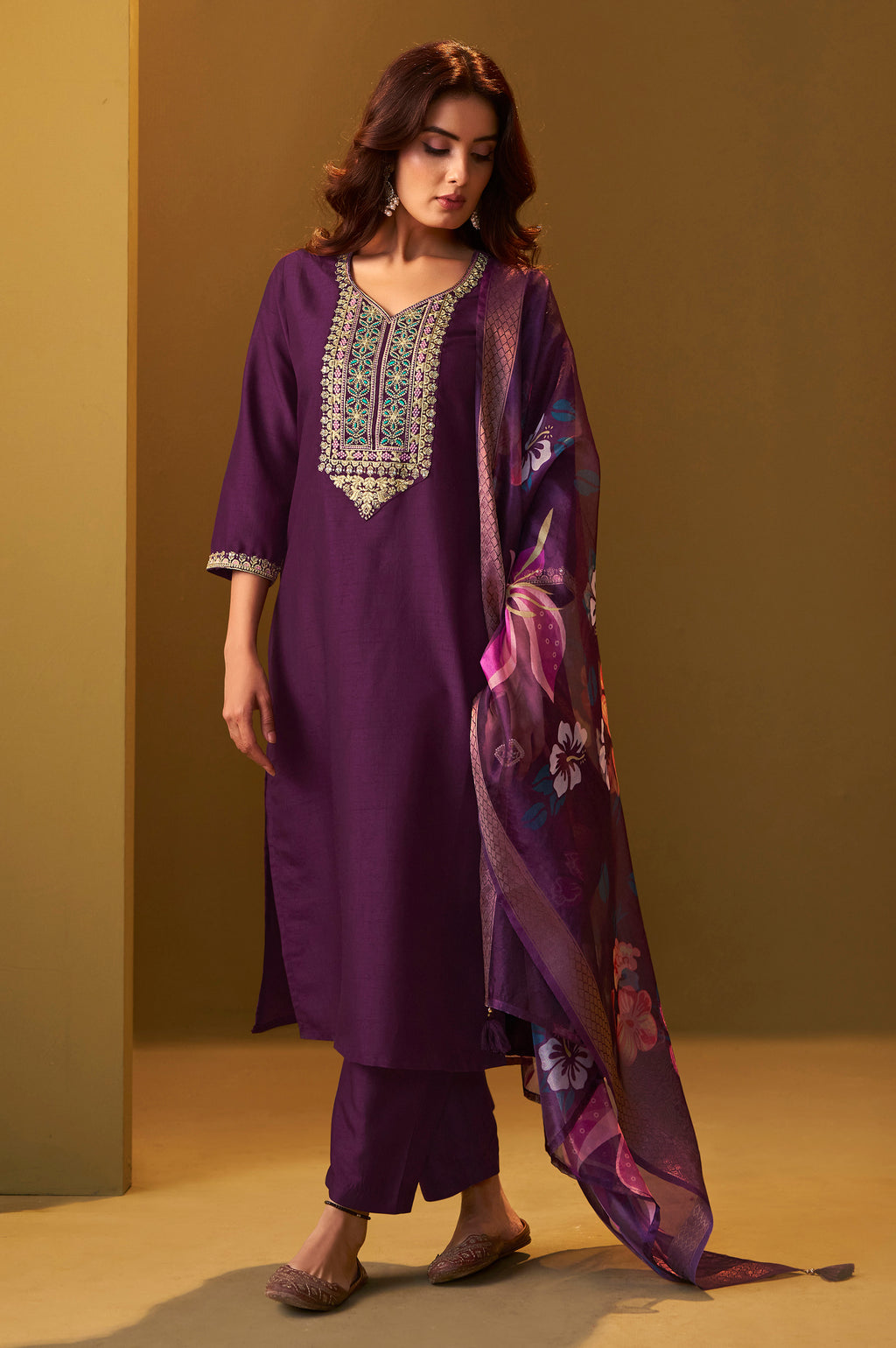 Women's Designer Wine Cotton Blend Embroidered Straight Kurta with Pant and Organza Jacquard Printed Dupatta Set