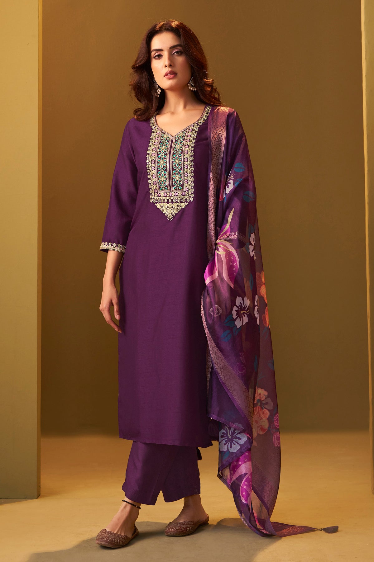 Women's Designer Wine Cotton Blend Embroidered Straight Kurta with Pant and Organza Jacquard Printed Dupatta Set