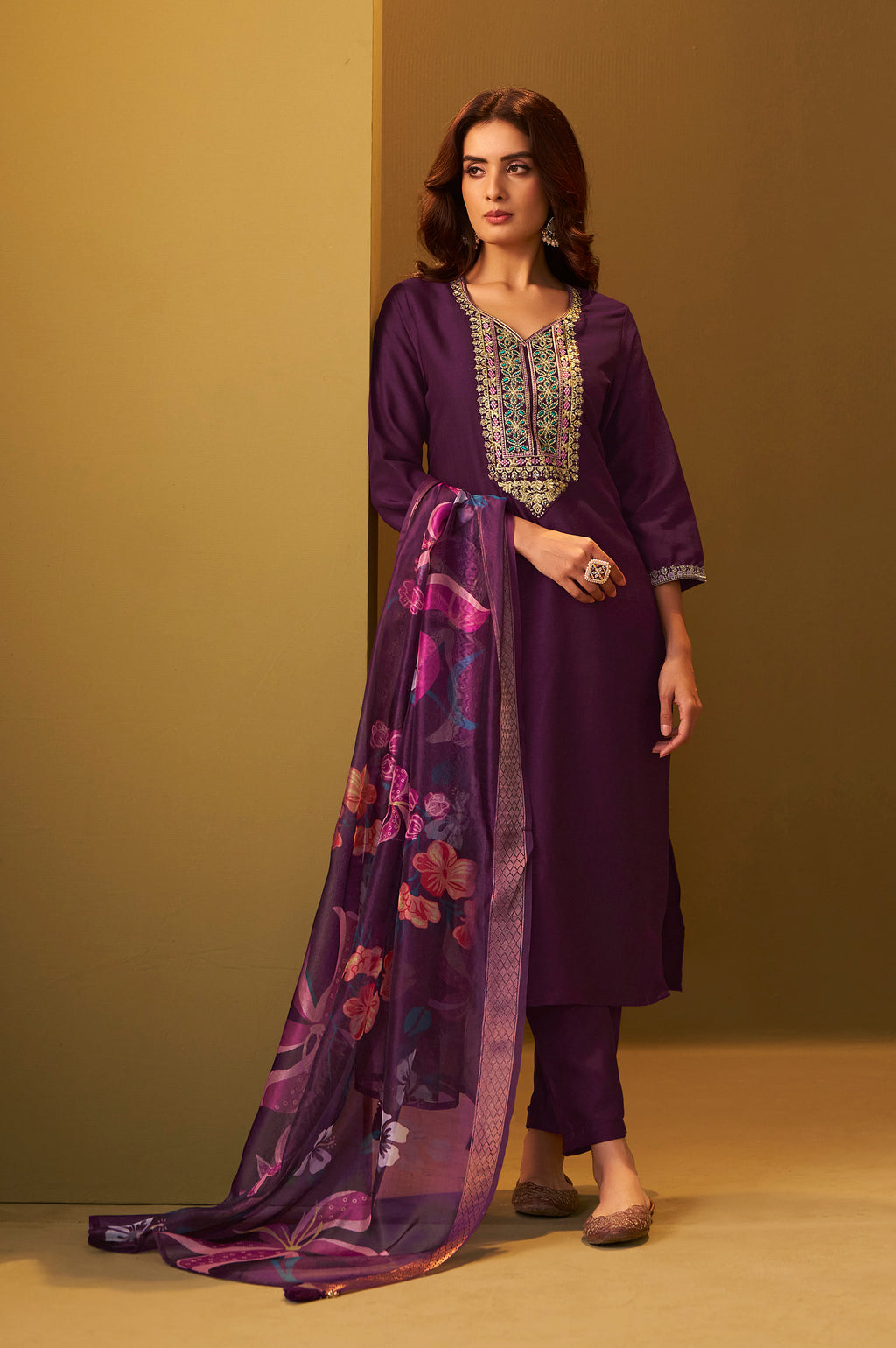 Women's Designer Wine Cotton Blend Embroidered Straight Kurta with Pant and Organza Jacquard Printed Dupatta Set