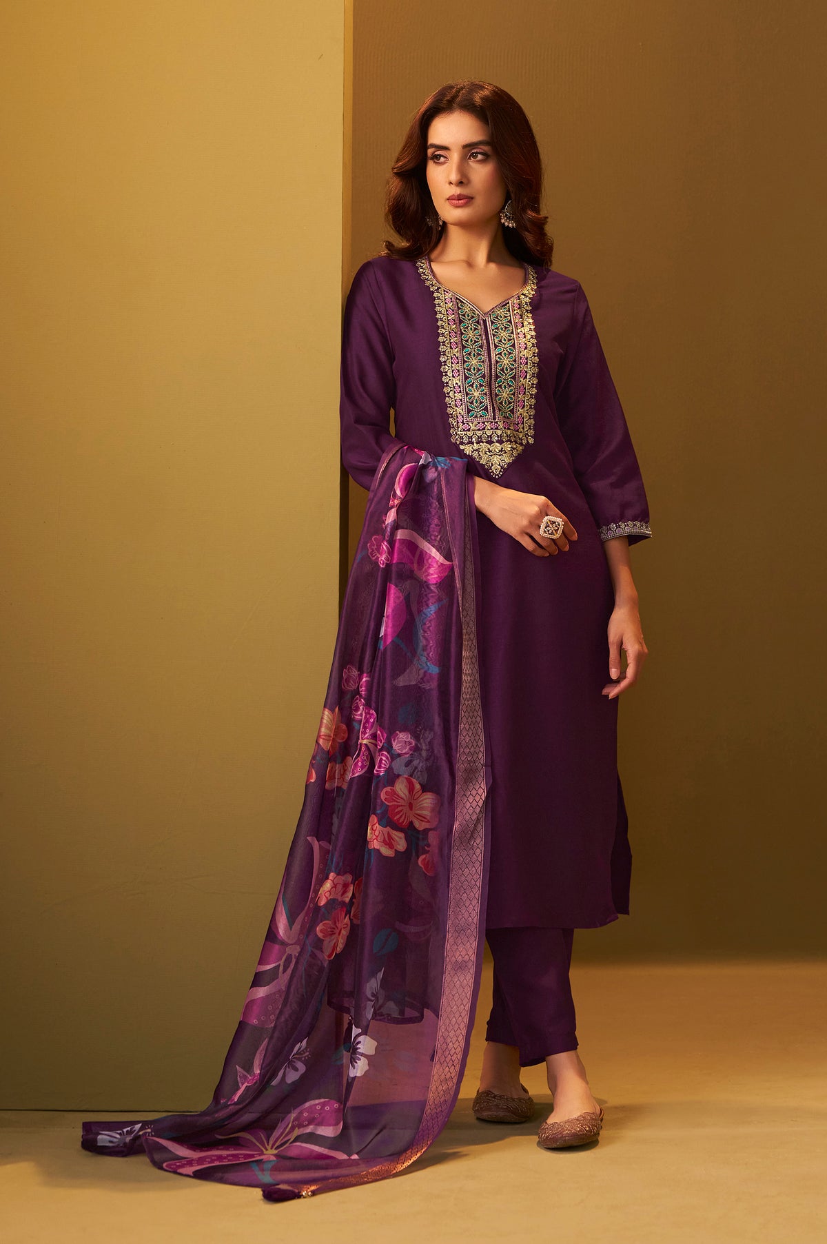 Women's Designer Wine Cotton Blend Embroidered Straight Kurta with Pant and Organza Jacquard Printed Dupatta Set