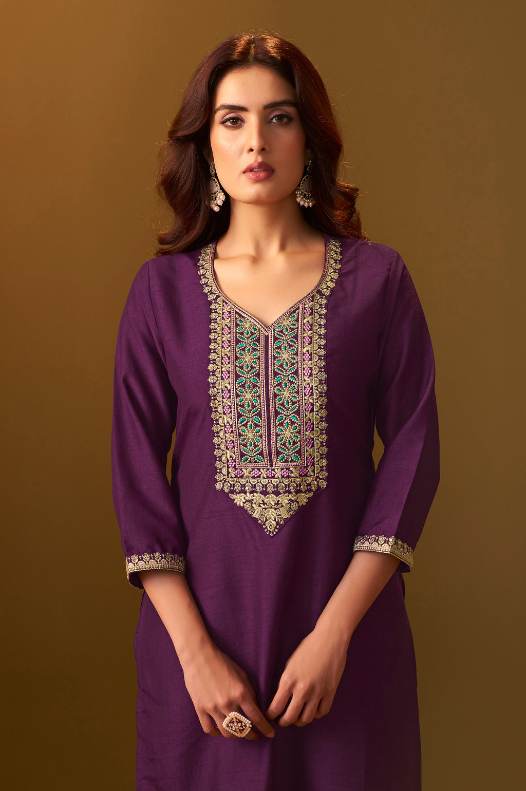 Women's Designer Wine Cotton Blend Embroidered Straight Kurta with Pant and Organza Jacquard Printed Dupatta Set