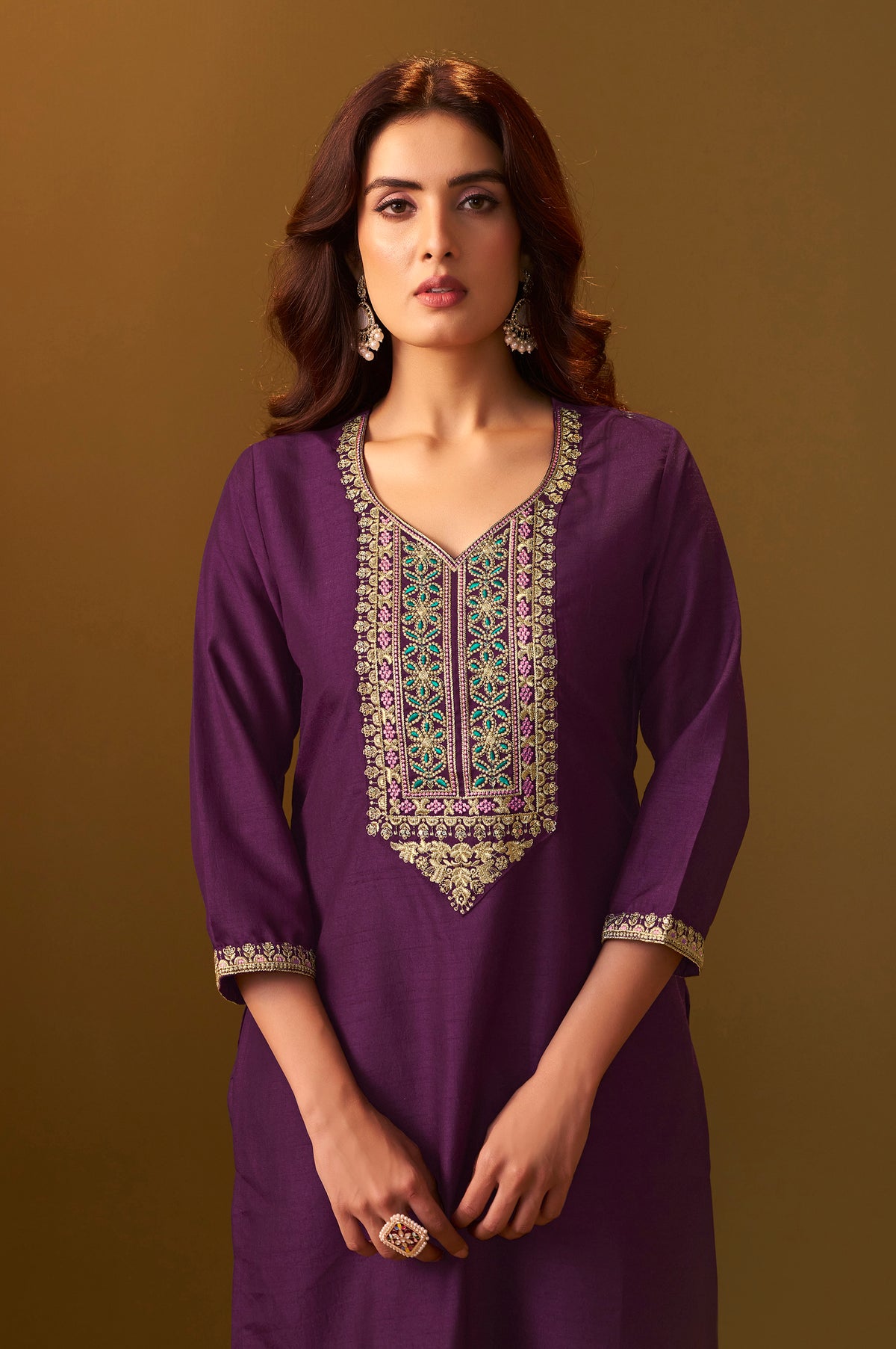Women's Designer Wine Cotton Blend Embroidered Straight Kurta with Pant and Organza Jacquard Printed Dupatta Set