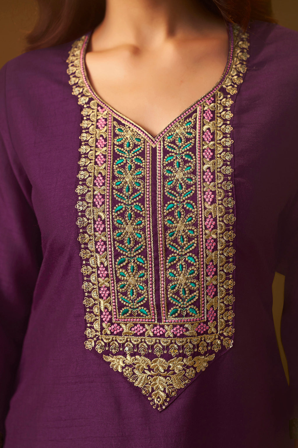 Women's Designer Wine Cotton Blend Embroidered Straight Kurta with Pant and Organza Jacquard Printed Dupatta Set