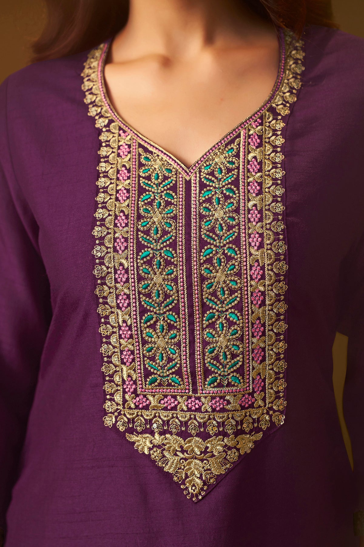 Women's Designer Wine Cotton Blend Embroidered Straight Kurta with Pant and Organza Jacquard Printed Dupatta Set