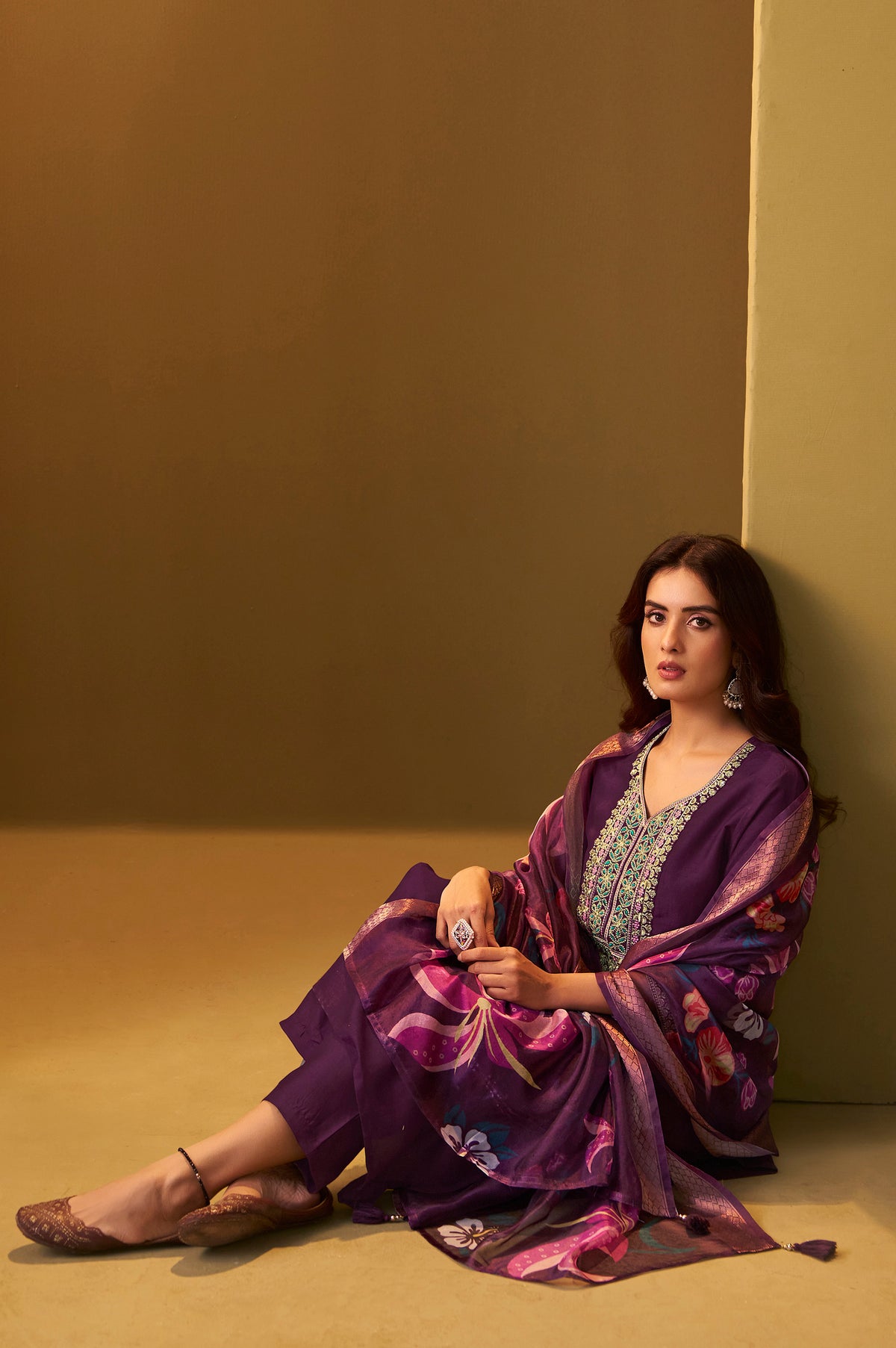 Women's Designer Wine Cotton Blend Embroidered Straight Kurta with Pant and Organza Jacquard Printed Dupatta Set