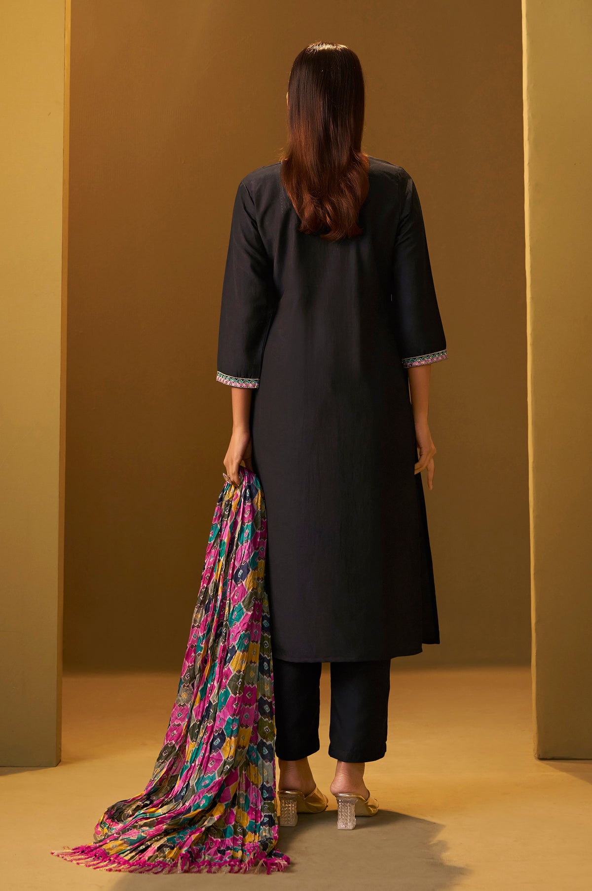 Women's Black Cotton Blend Embroidered Straight Kurta Set Multicolor Chinon Patola Printed Dupatta Set