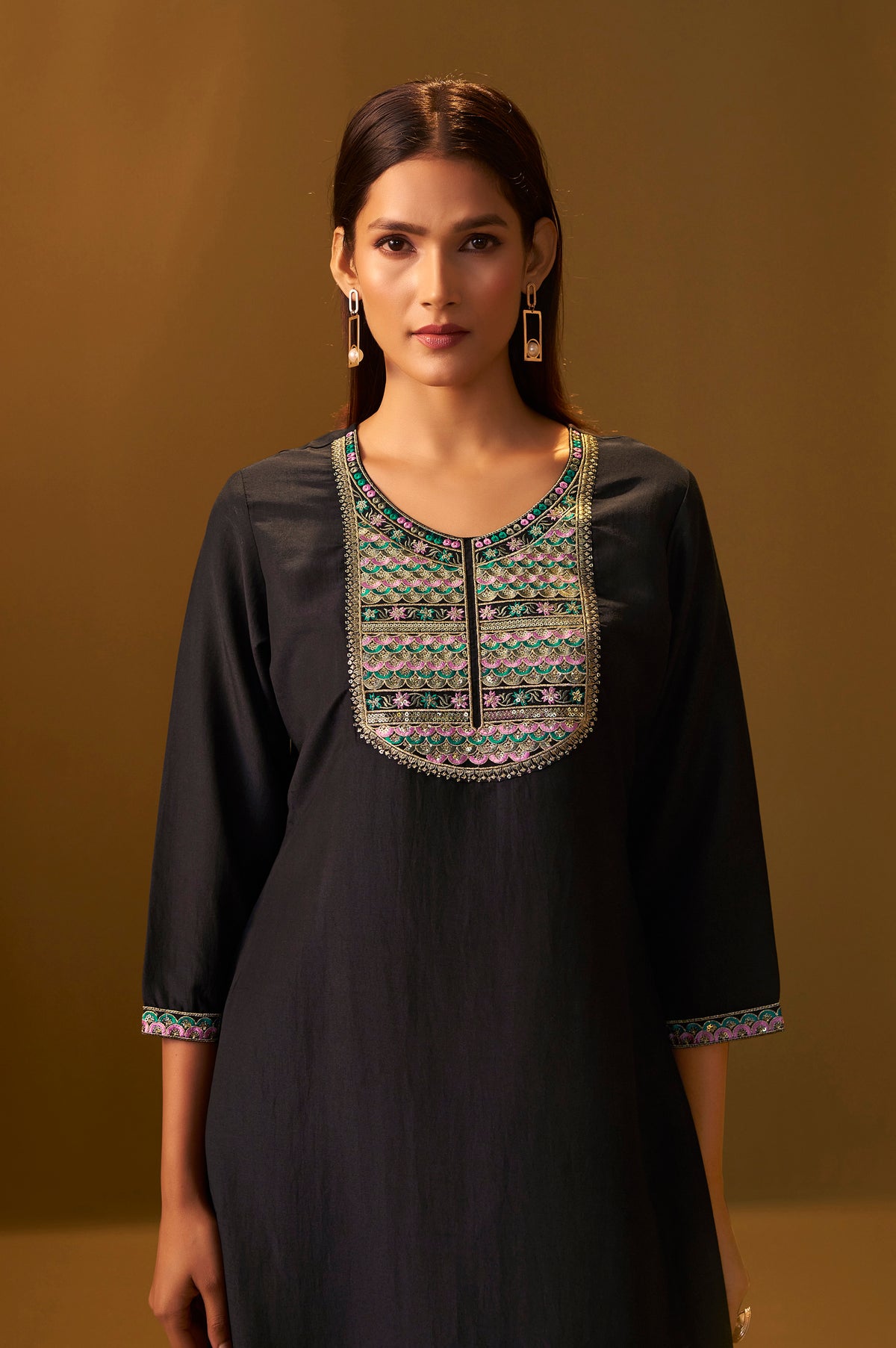 Women's Black Cotton Blend Embroidered Straight Kurta Set Multicolor Chinon Patola Printed Dupatta Set