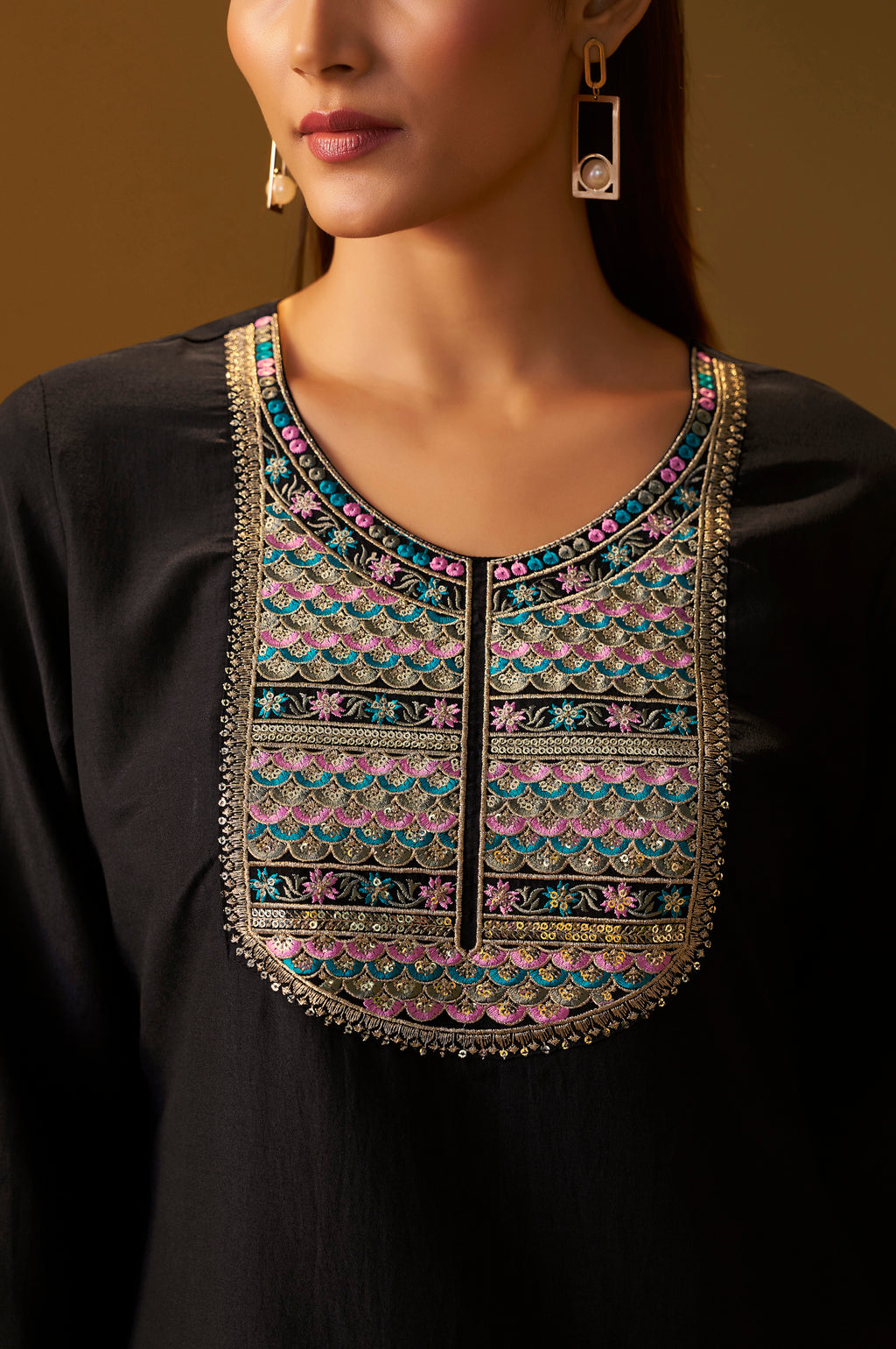 Women's Black Cotton Blend Embroidered Straight Kurta Set Multicolor Chinon Patola Printed Dupatta Set
