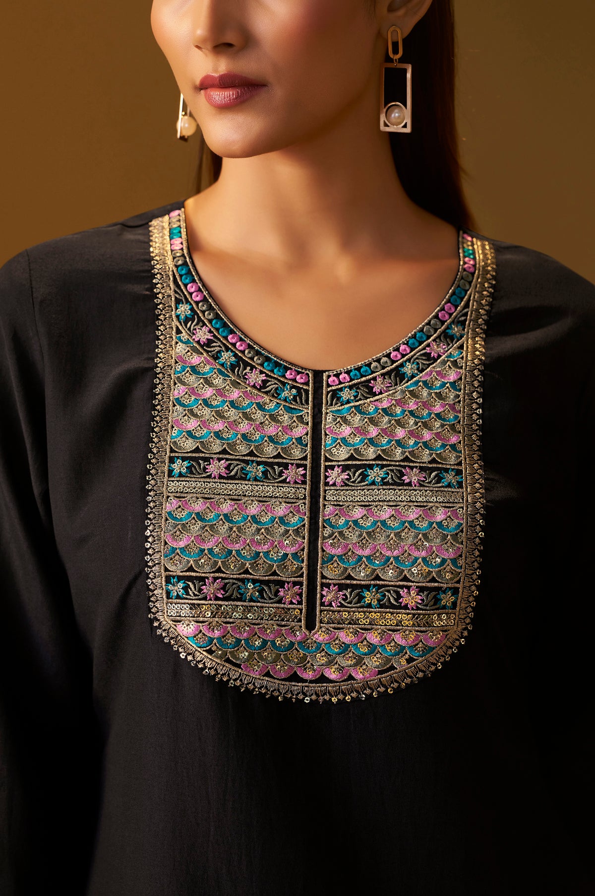Women's Black Cotton Blend Embroidered Straight Kurta Set Multicolor Chinon Patola Printed Dupatta Set
