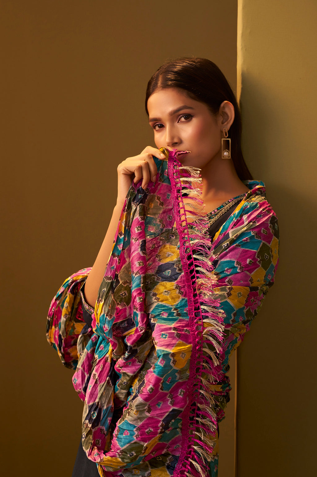Women's Black Cotton Blend Embroidered Straight Kurta Set Multicolor Chinon Patola Printed Dupatta Set