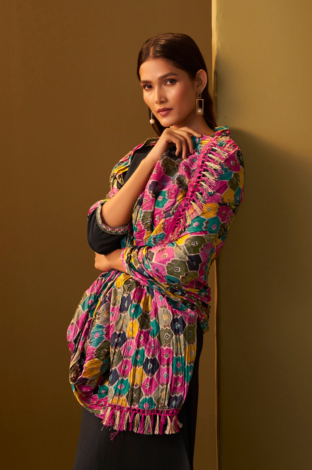 Women's Black Cotton Blend Embroidered Straight Kurta Set Multicolor Chinon Patola Printed Dupatta Set