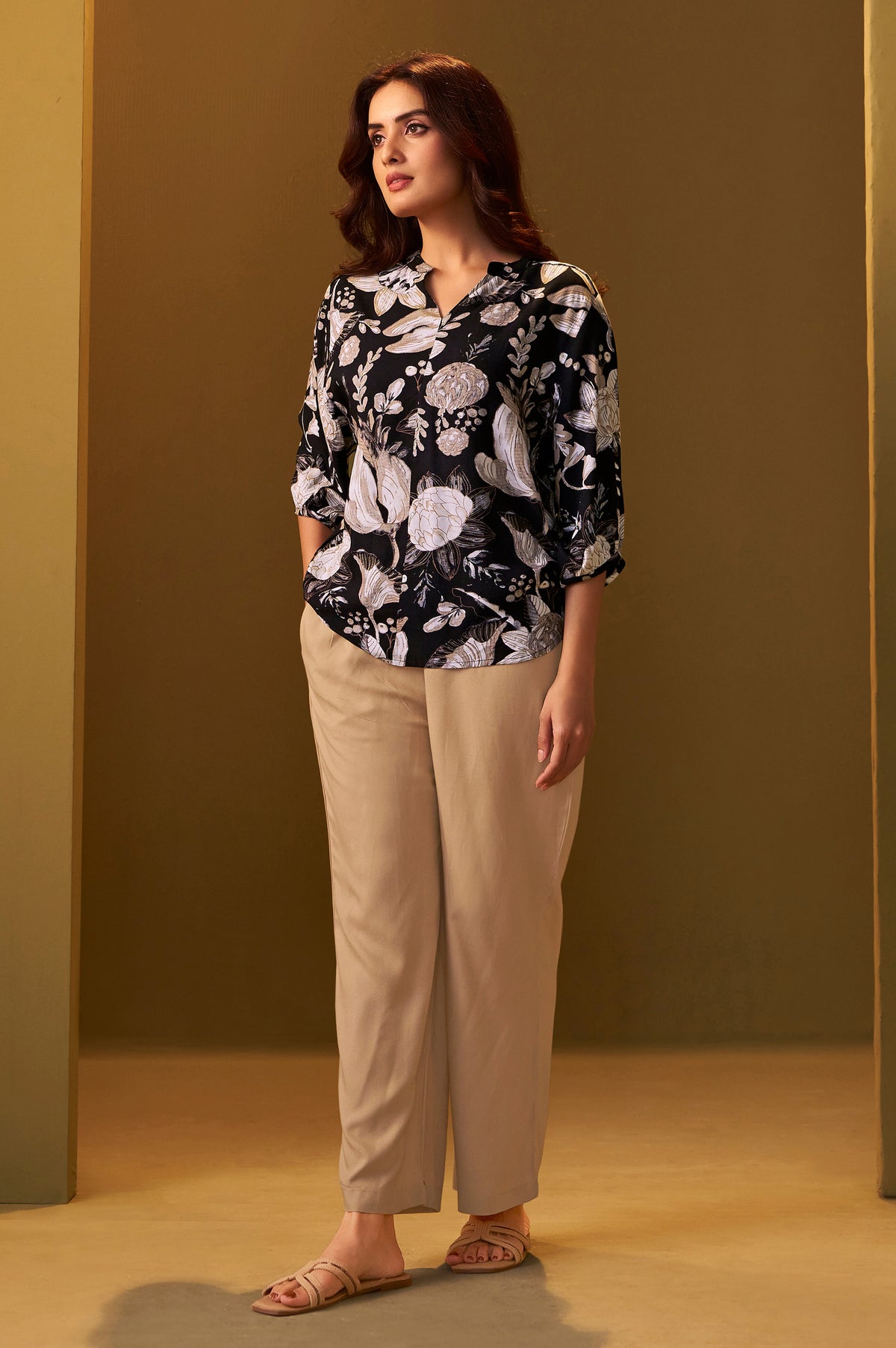 Black and Brown Viscose Reyon Printed Top and Pant Co-ord Set