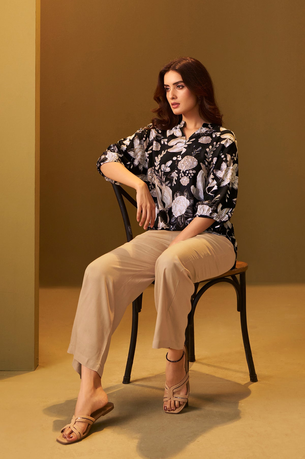 Black and Brown Viscose Reyon Printed Top and Pant Co-ord Set