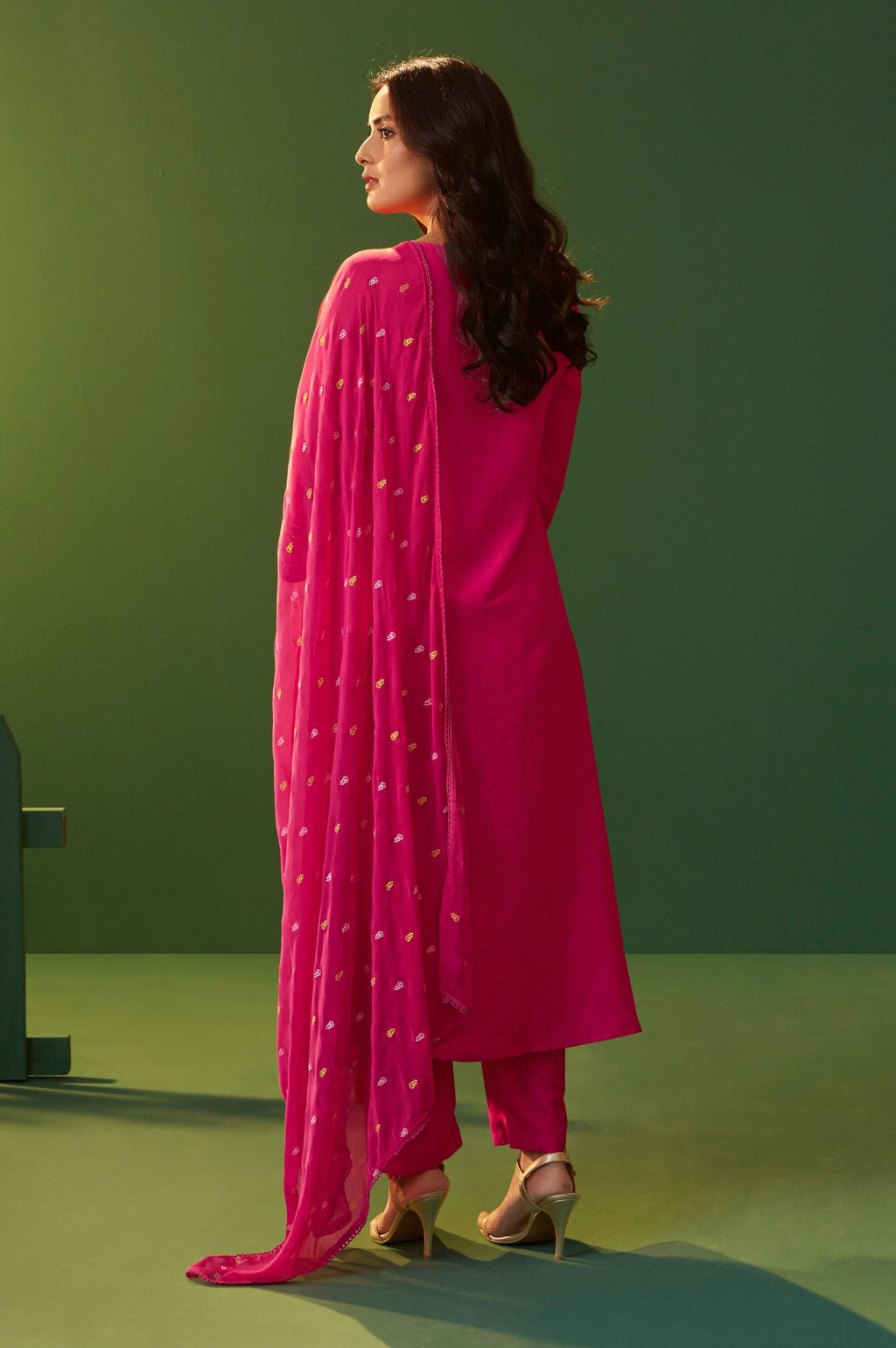 Pink Chinnon Printed Flared Calf Length Kurta with Cotton Printed Dupatta