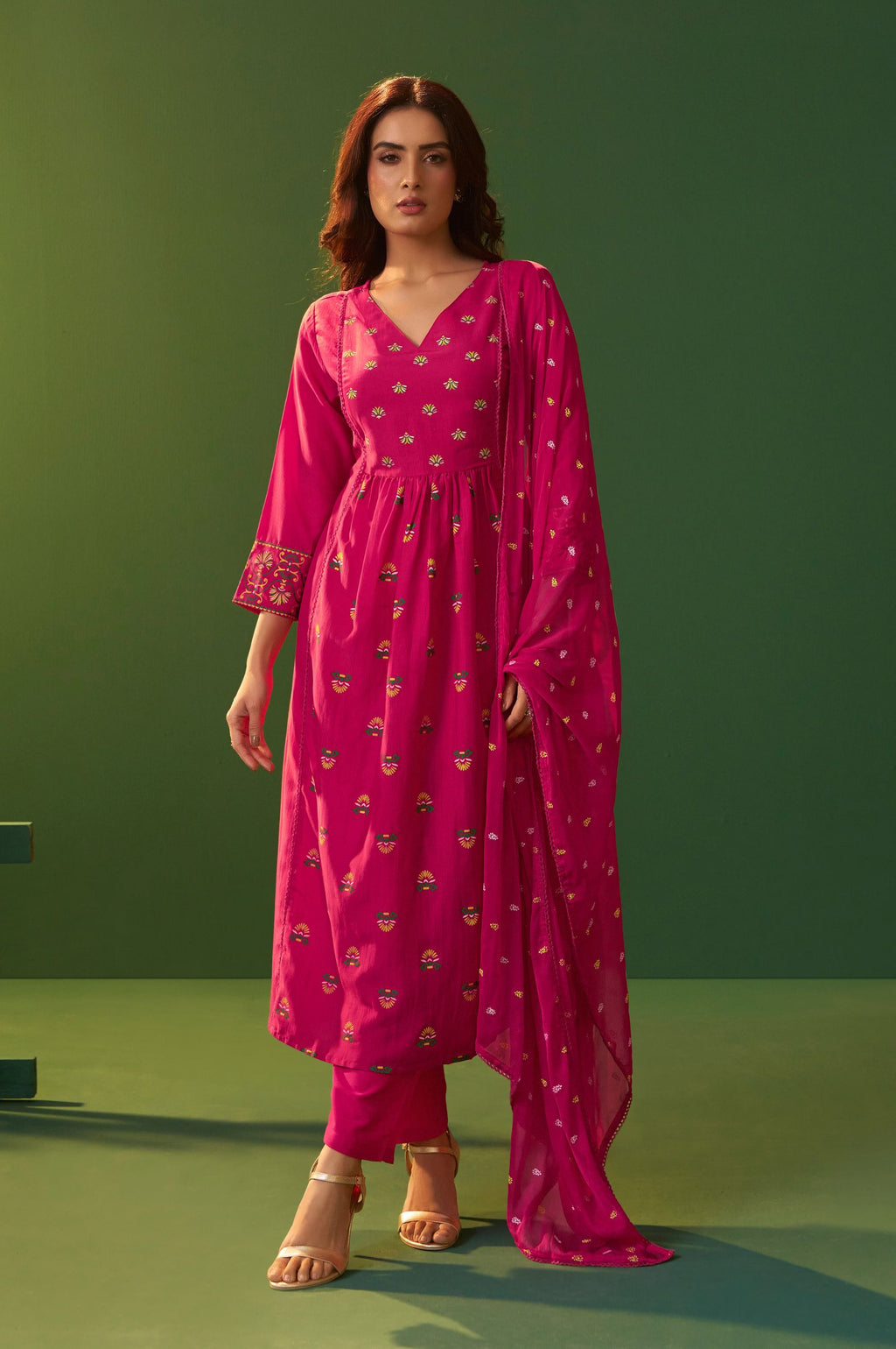 Pink Chinnon Printed Flared Calf Length Kurta with Cotton Printed Dupatta