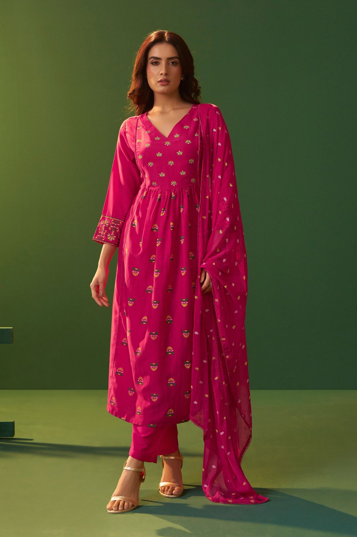 Pink Chinnon Printed Flared Calf Length Kurta with Cotton Printed Dupatta