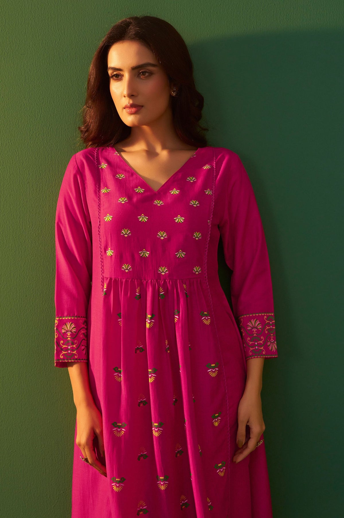 Pink Chinnon Printed Flared Calf Length Kurta with Cotton Printed Dupatta