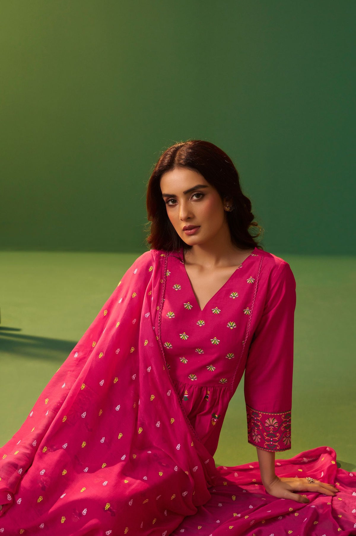 Pink Chinnon Printed Flared Calf Length Kurta with Cotton Printed Dupatta