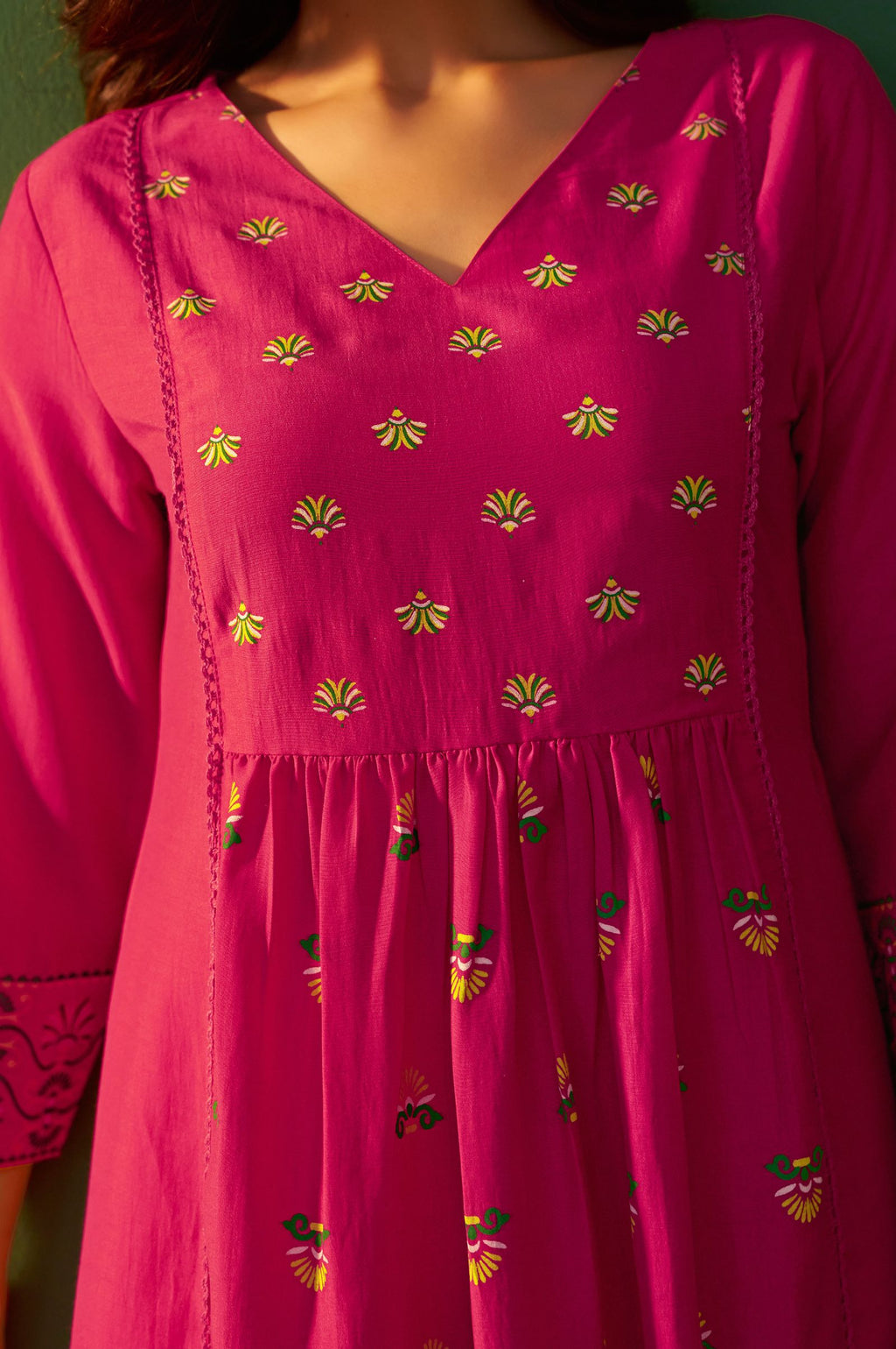 Pink Chinnon Printed Flared Calf Length Kurta with Cotton Printed Dupatta