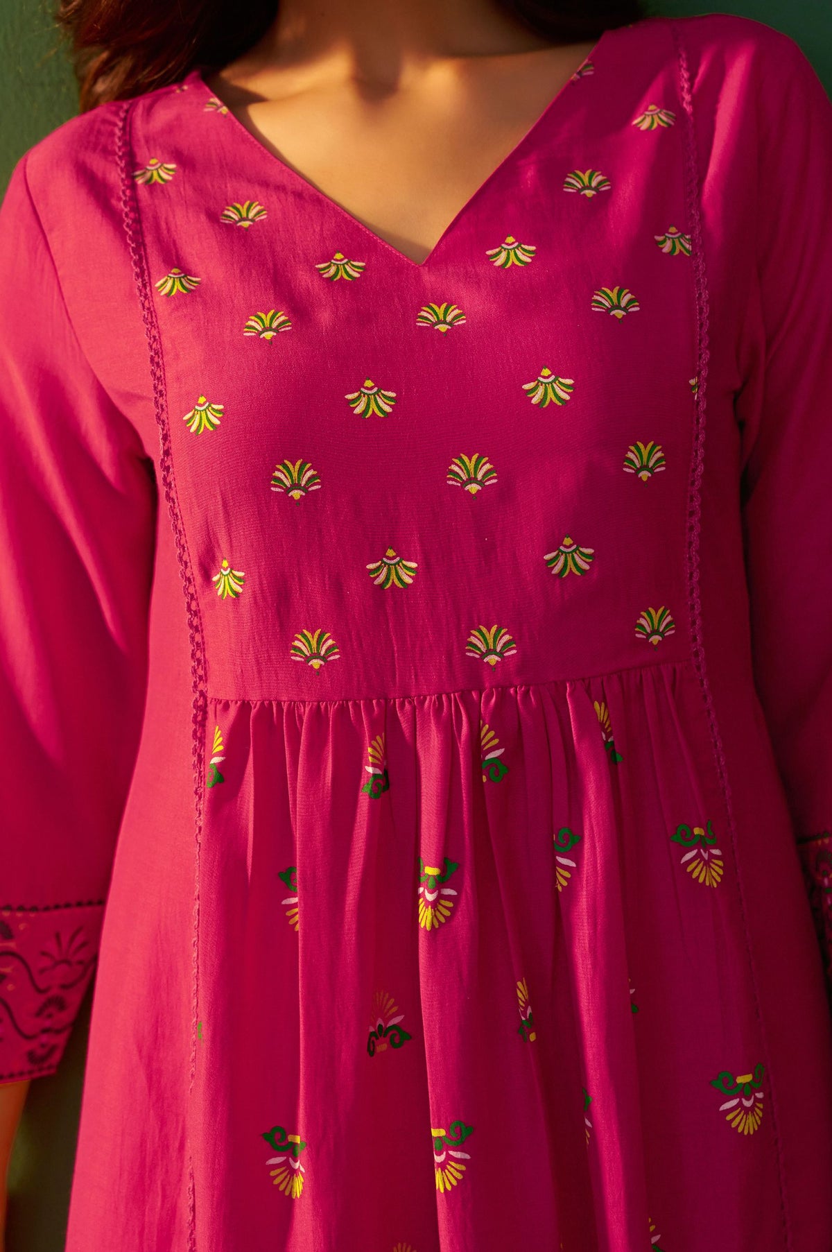 Pink Chinnon Printed Flared Calf Length Kurta with Cotton Printed Dupatta