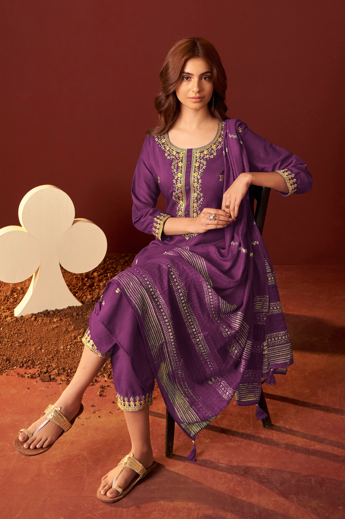 Purple Chinnon Embroidered Kurta Set With dupatta