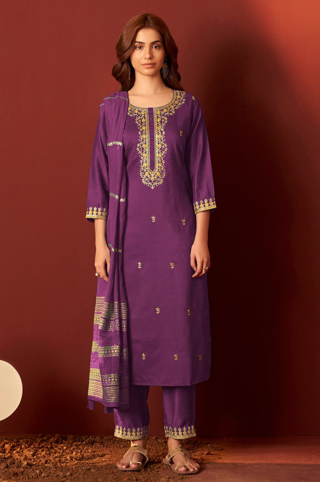 Purple Chinnon Embroidered Kurta Set With dupatta