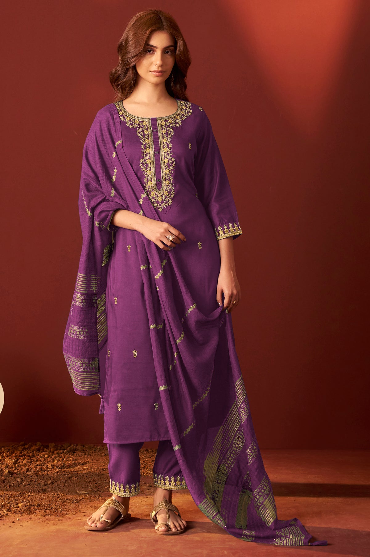 Purple Chinnon Embroidered Kurta Set With dupatta