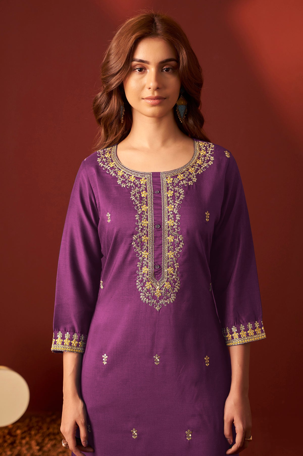 Purple Chinnon Embroidered Kurta Set With dupatta