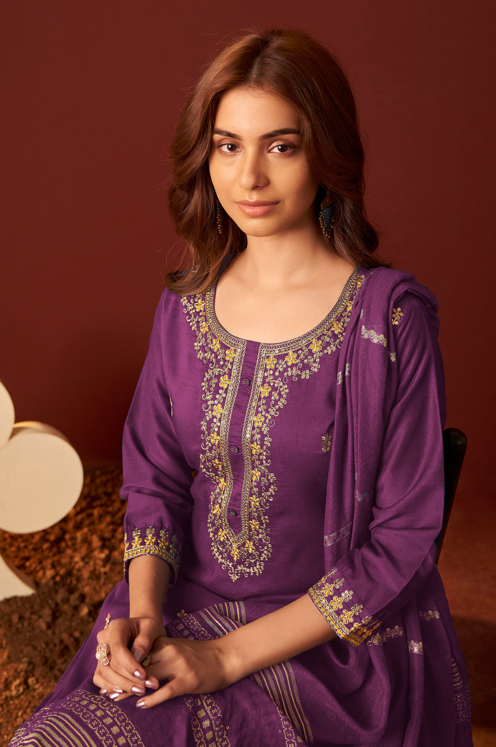 Purple Chinnon Embroidered Kurta Set With dupatta