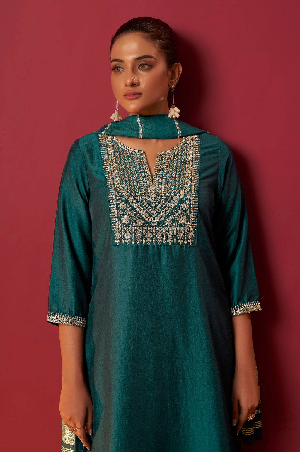 Green Chinon Embroidered Kurta Set with Jacquard Dupatta