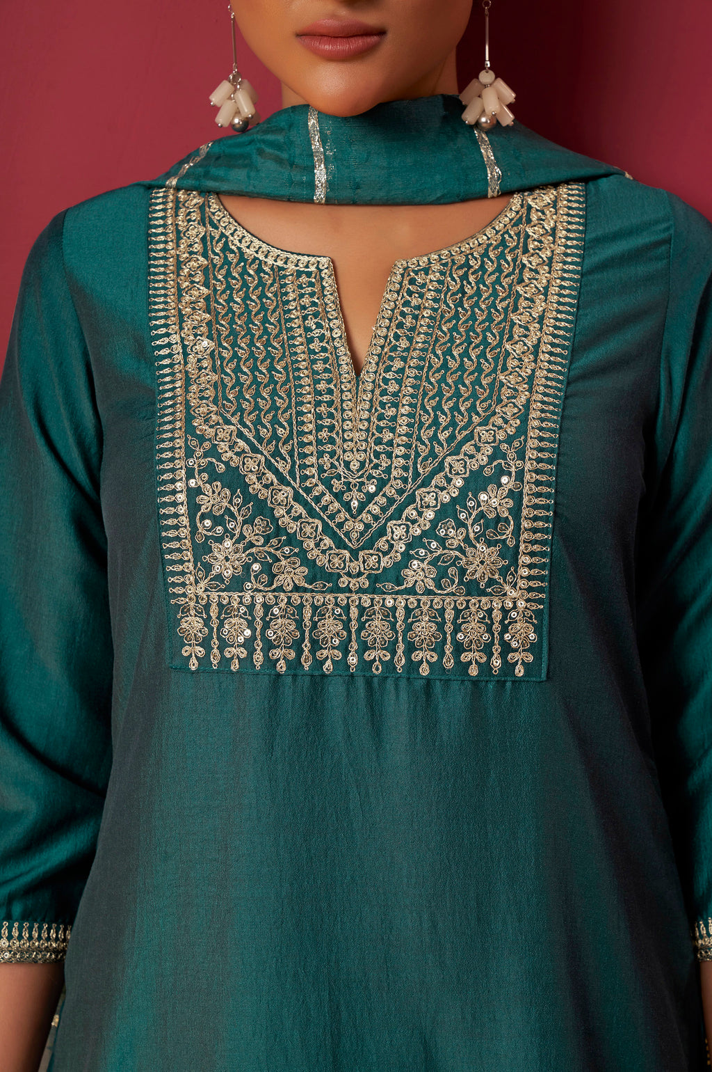 Green Chinon Embroidered Kurta Set with Jacquard Dupatta