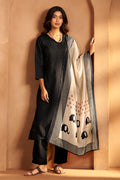 Women Black Cotton Calf-Length Kurta with Pant & Cream Chanderi Printed Dupatta