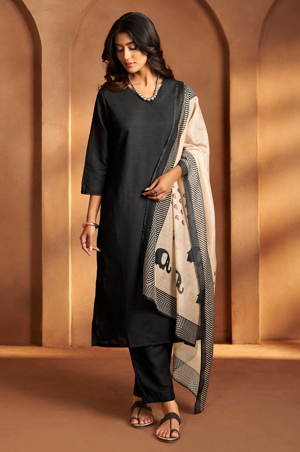 Women Black Cotton Calf-Length Kurta with Pant & Cream Chanderi Printed Dupatta