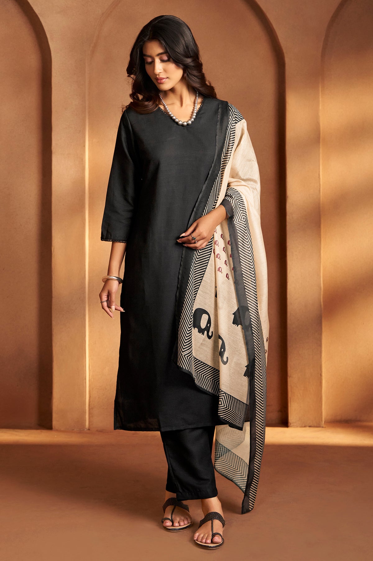 Women Black Cotton Calf-Length Kurta with Pant & Cream Chanderi Printed Dupatta