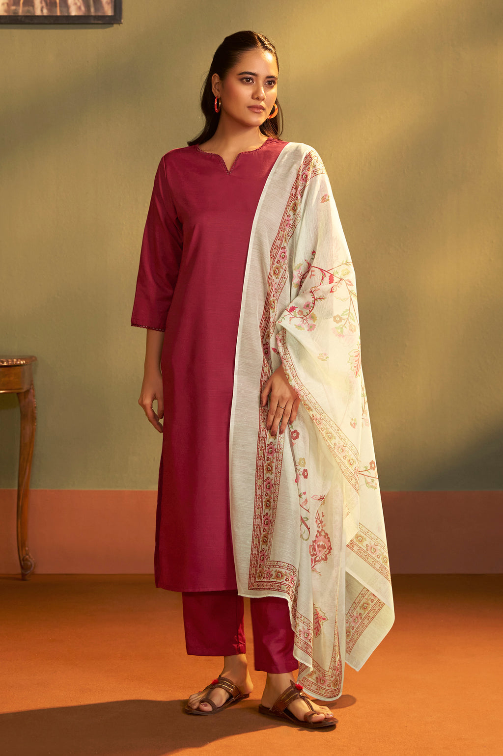 Women Rust Cotton Calf-Length Kurta with Pant & Cream Chanderi Printed Dupatta