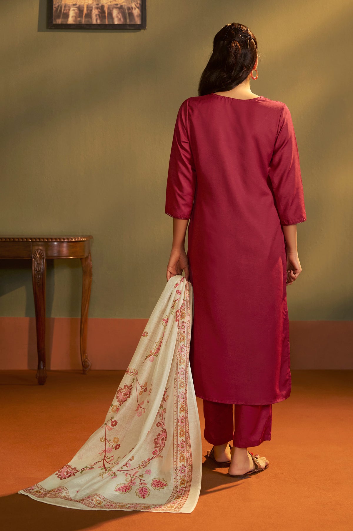 Women Rust Cotton Calf-Length Kurta with Pant & Cream Chanderi Printed Dupatta