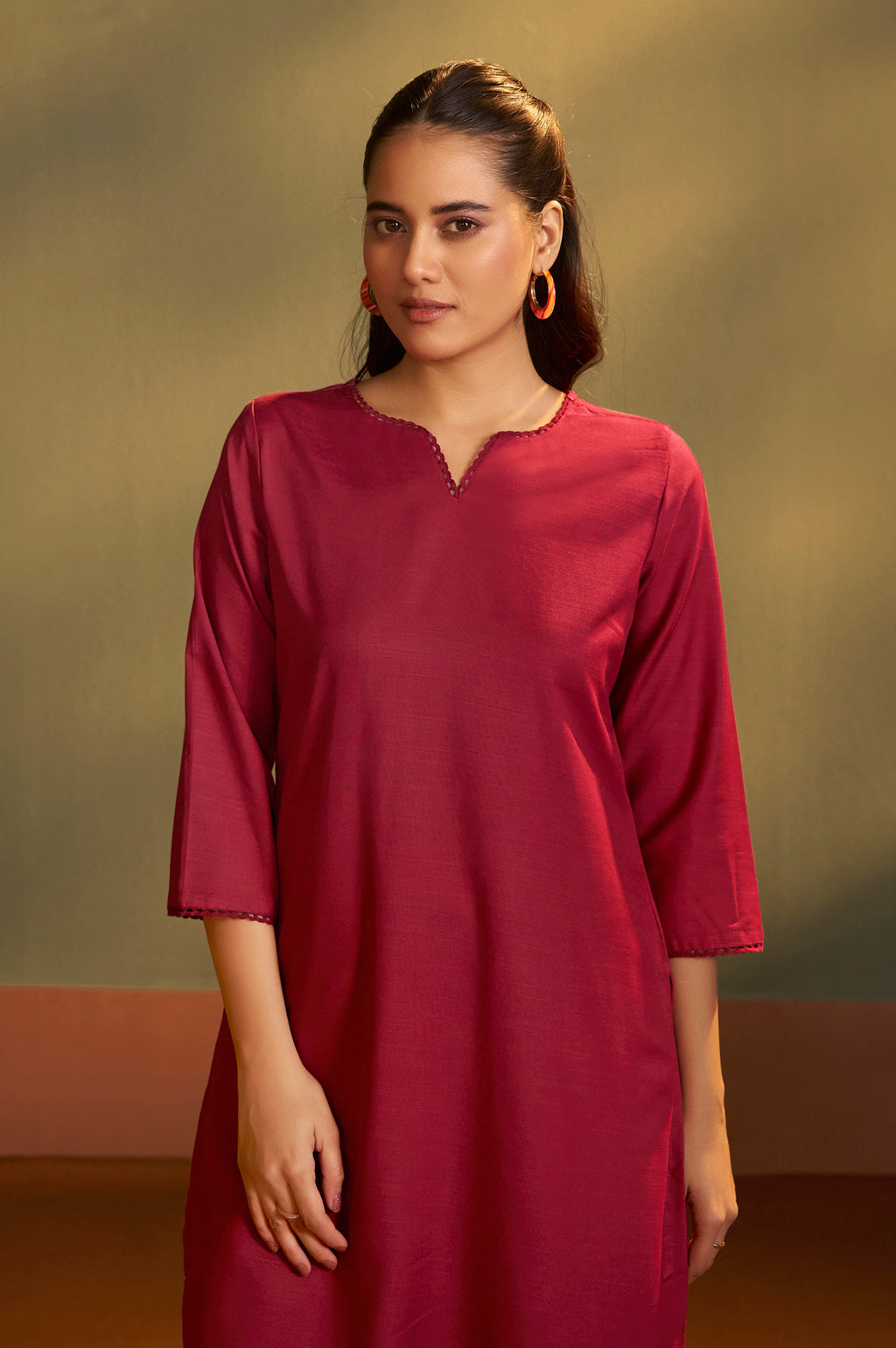 Women Rust Cotton Calf-Length Kurta with Pant & Cream Chanderi Printed Dupatta