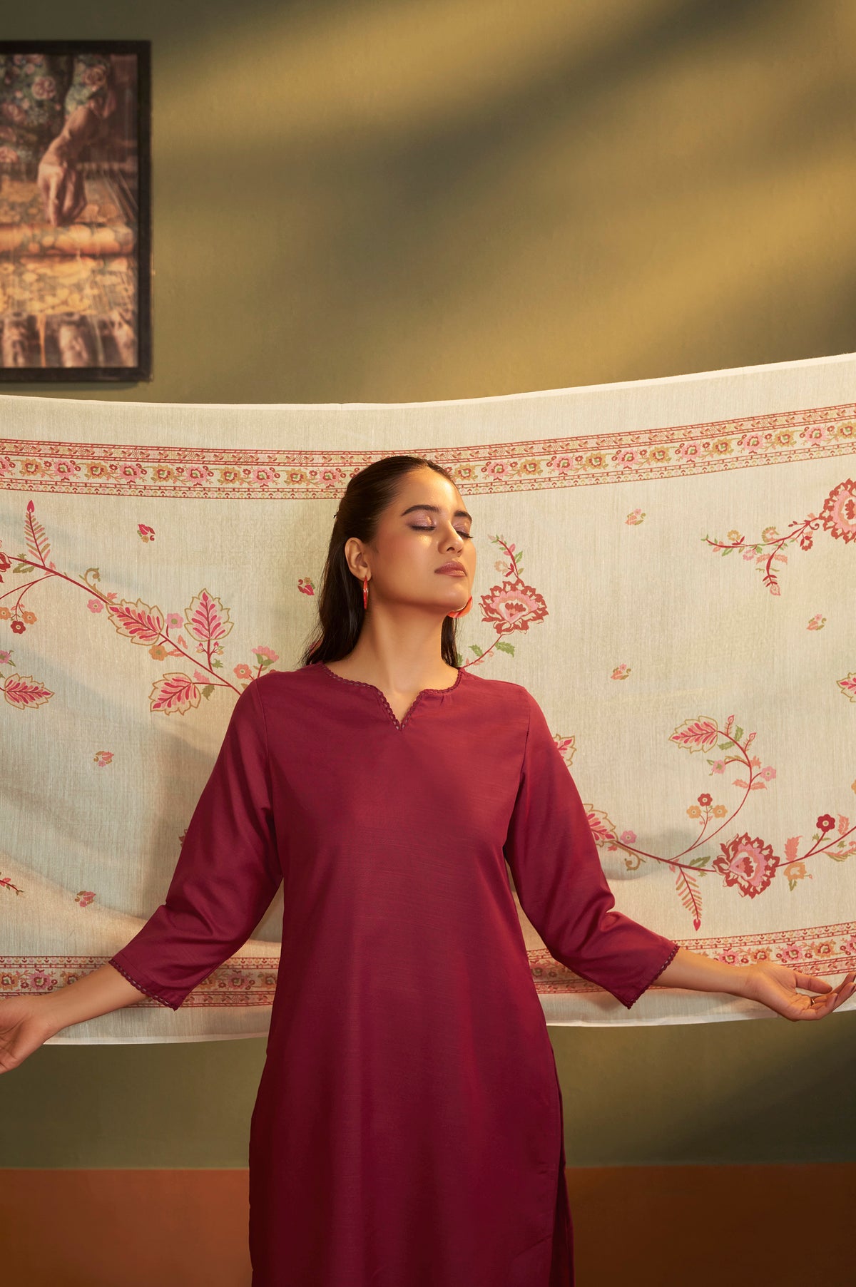 Women Rust Cotton Calf-Length Kurta with Pant & Cream Chanderi Printed Dupatta