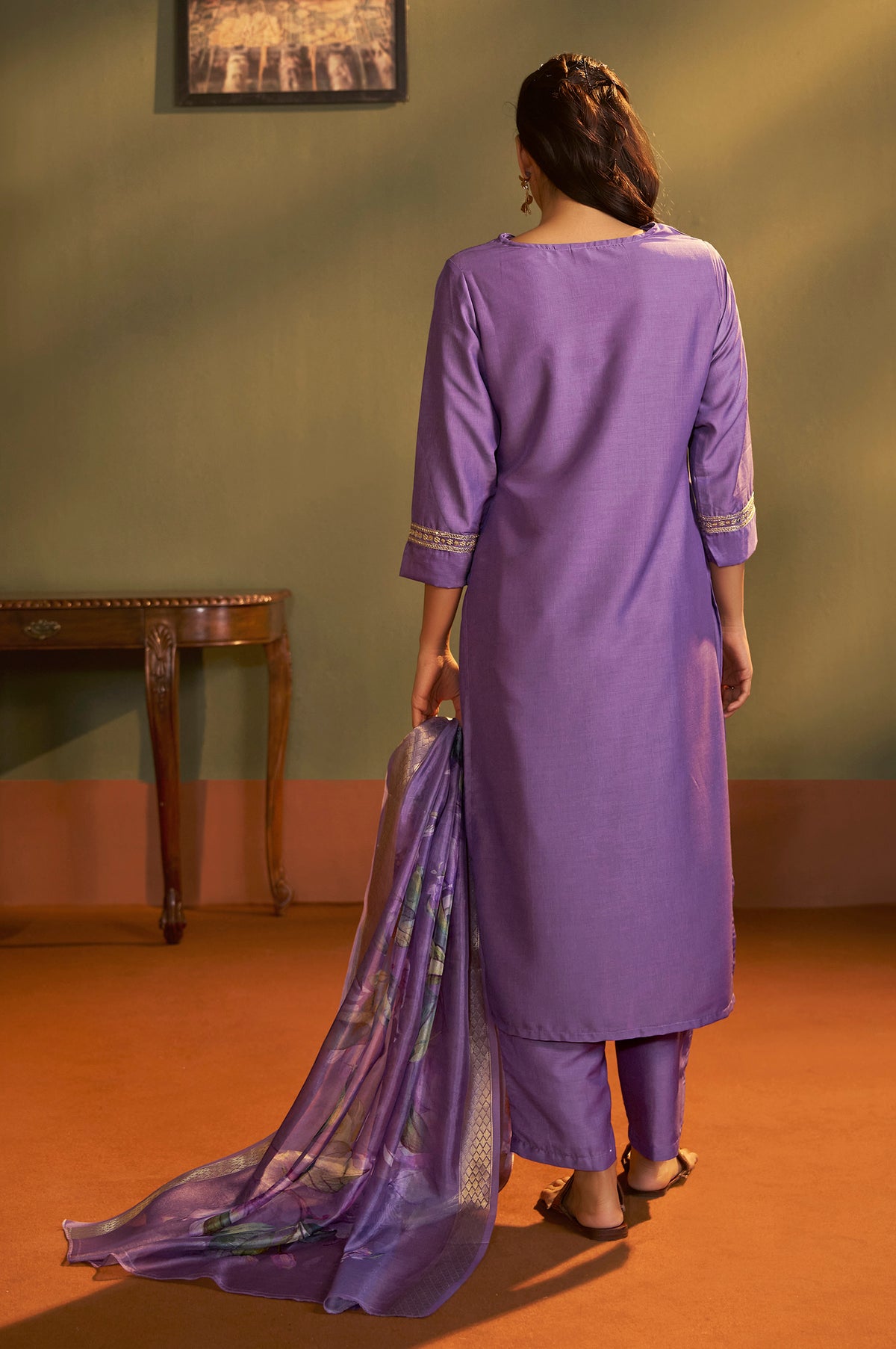 Women Purple Cotton Blend Embroidered Straight Kurta with Pant & Organza Jacquard Printed Dupatta