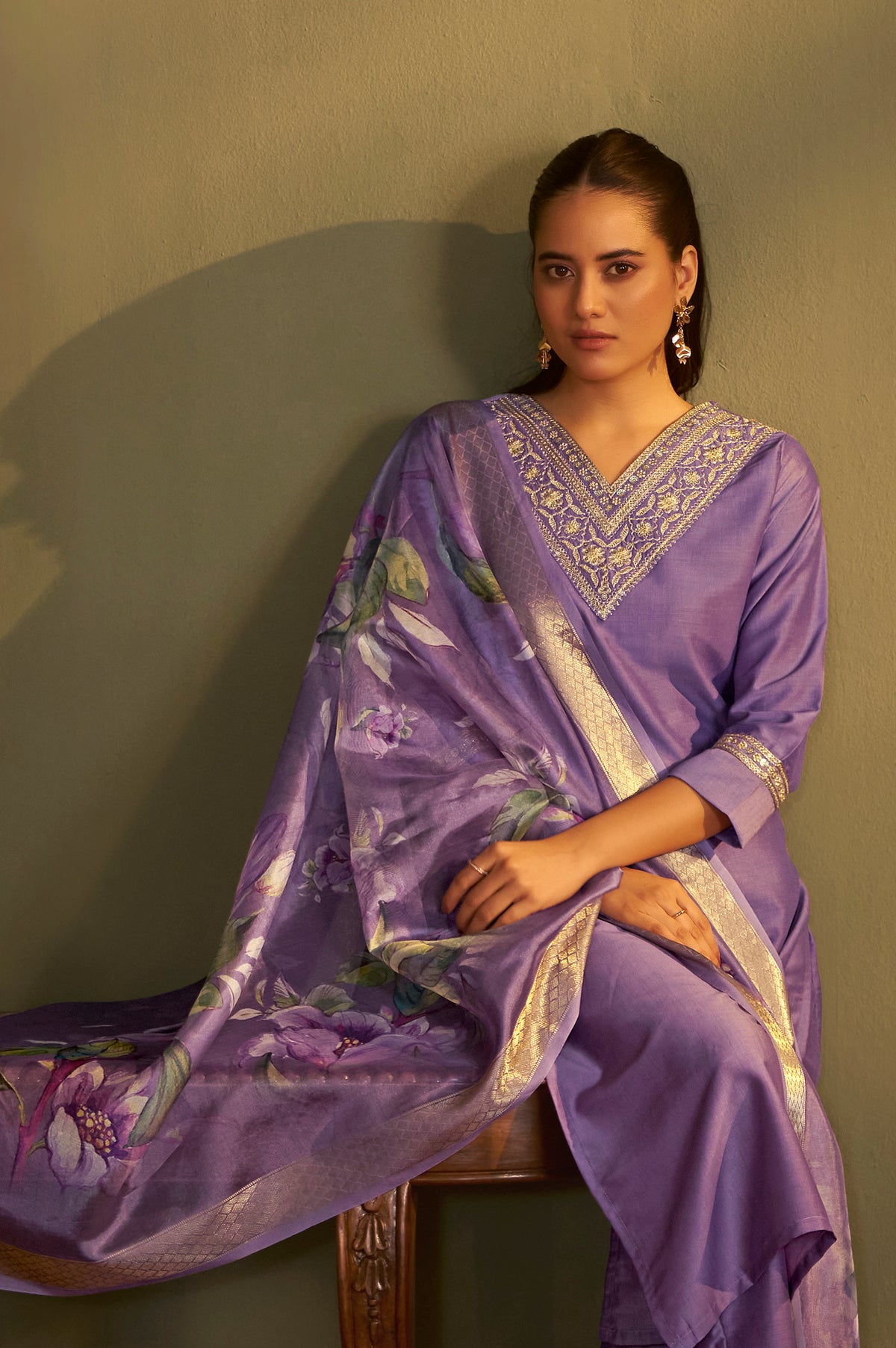 Women Purple Cotton Blend Embroidered Straight Kurta with Pant & Organza Jacquard Printed Dupatta