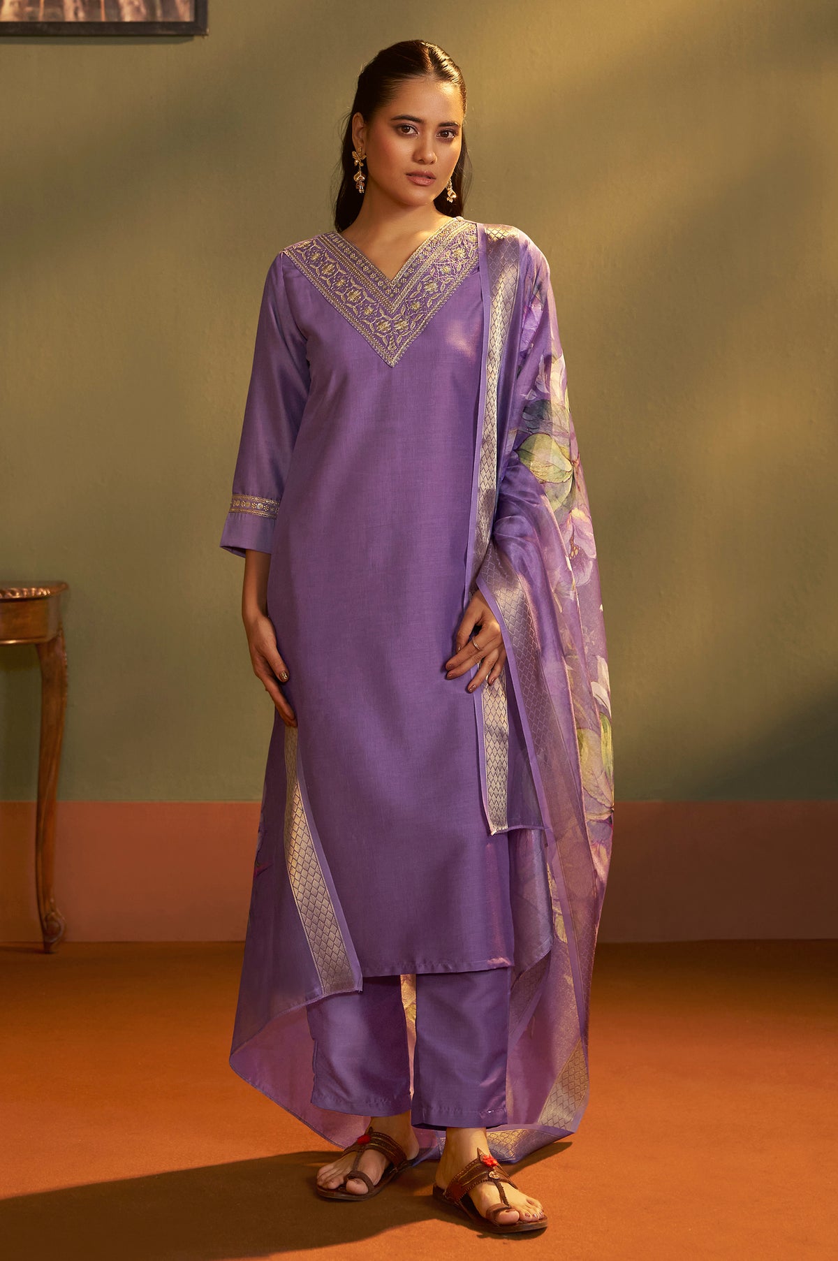 Women Purple Cotton Blend Embroidered Straight Kurta with Pant & Organza Jacquard Printed Dupatta
