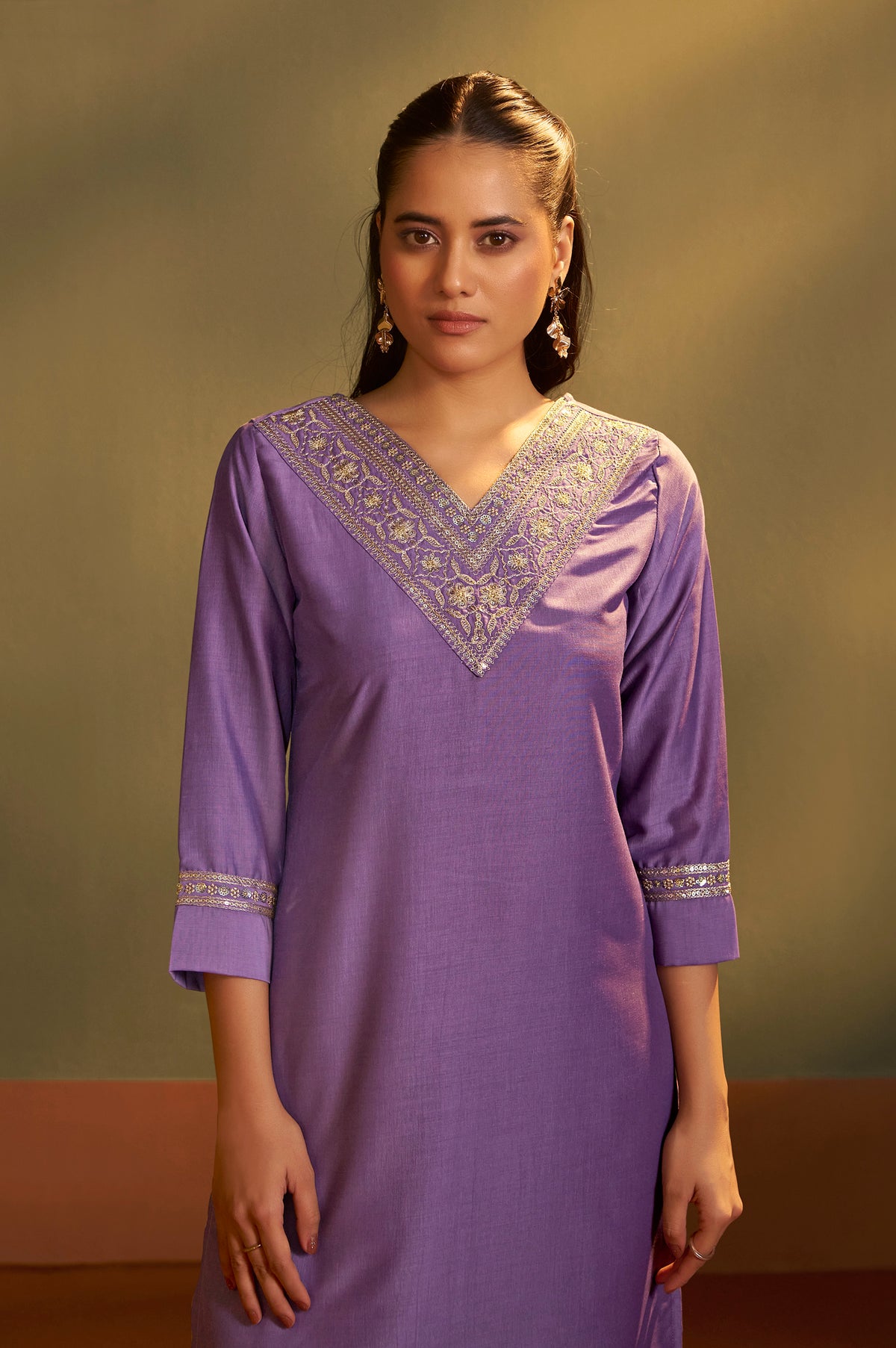 Women Purple Cotton Blend Embroidered Straight Kurta with Pant & Organza Jacquard Printed Dupatta