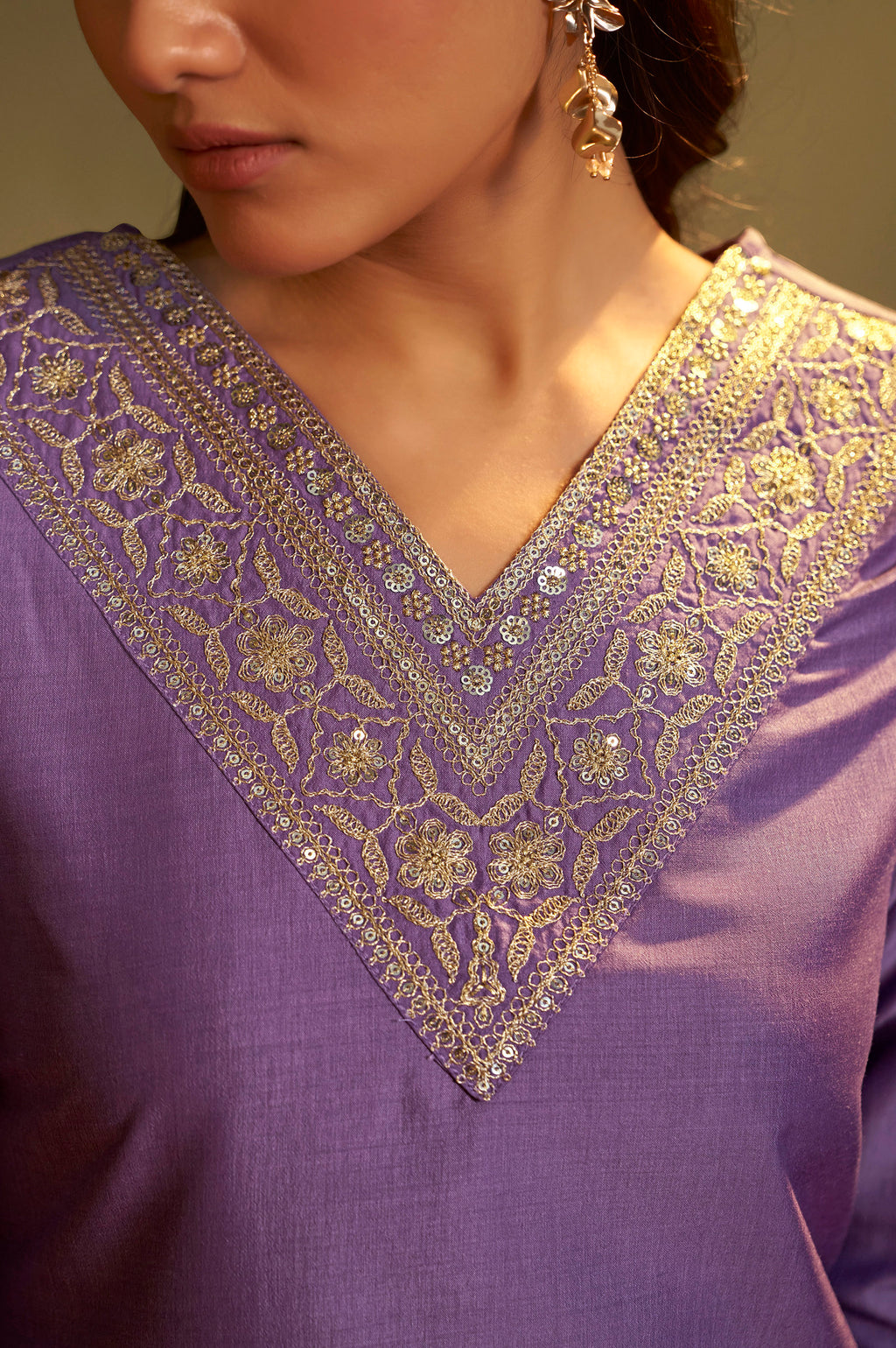 Women Purple Cotton Blend Embroidered Straight Kurta with Pant & Organza Jacquard Printed Dupatta