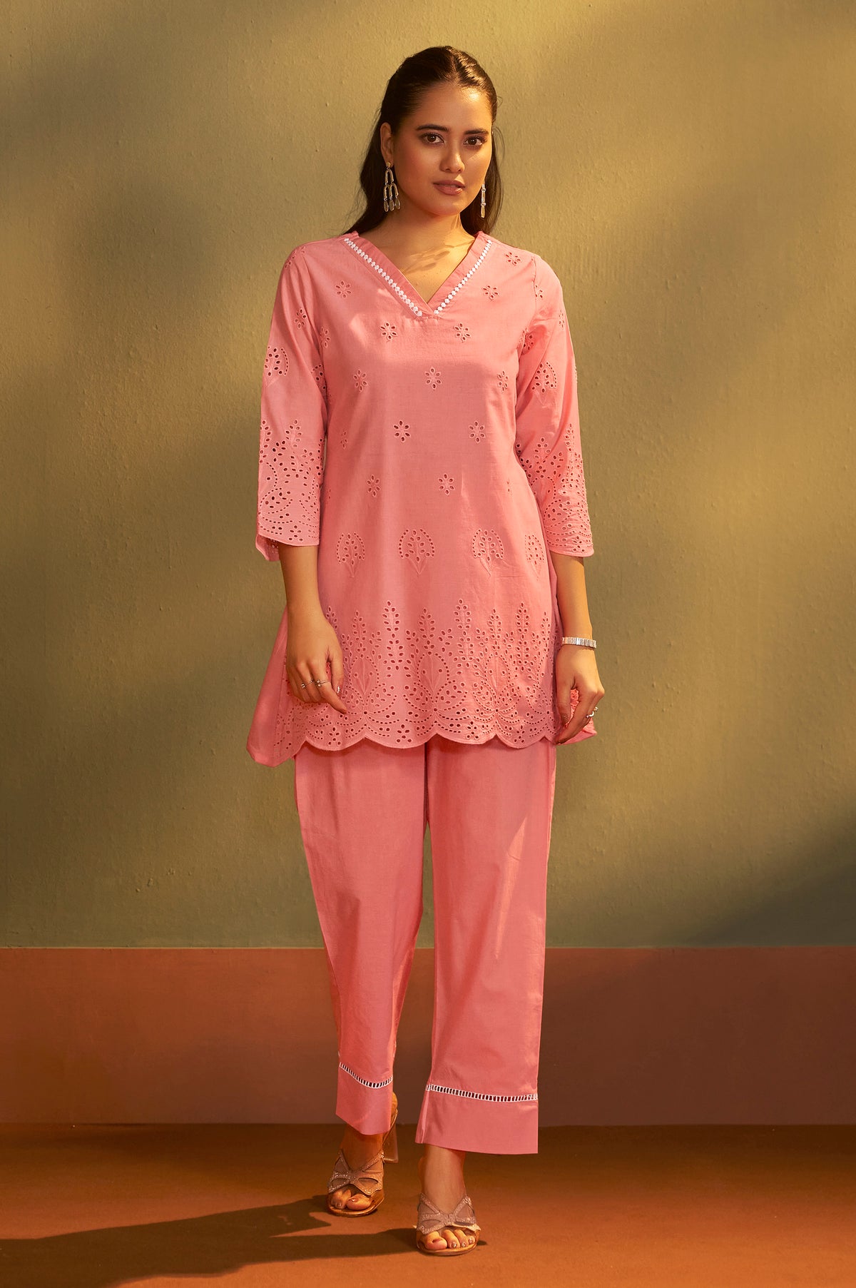 Women’s Pure Cotton Pink Schiffli Co-Ord Set