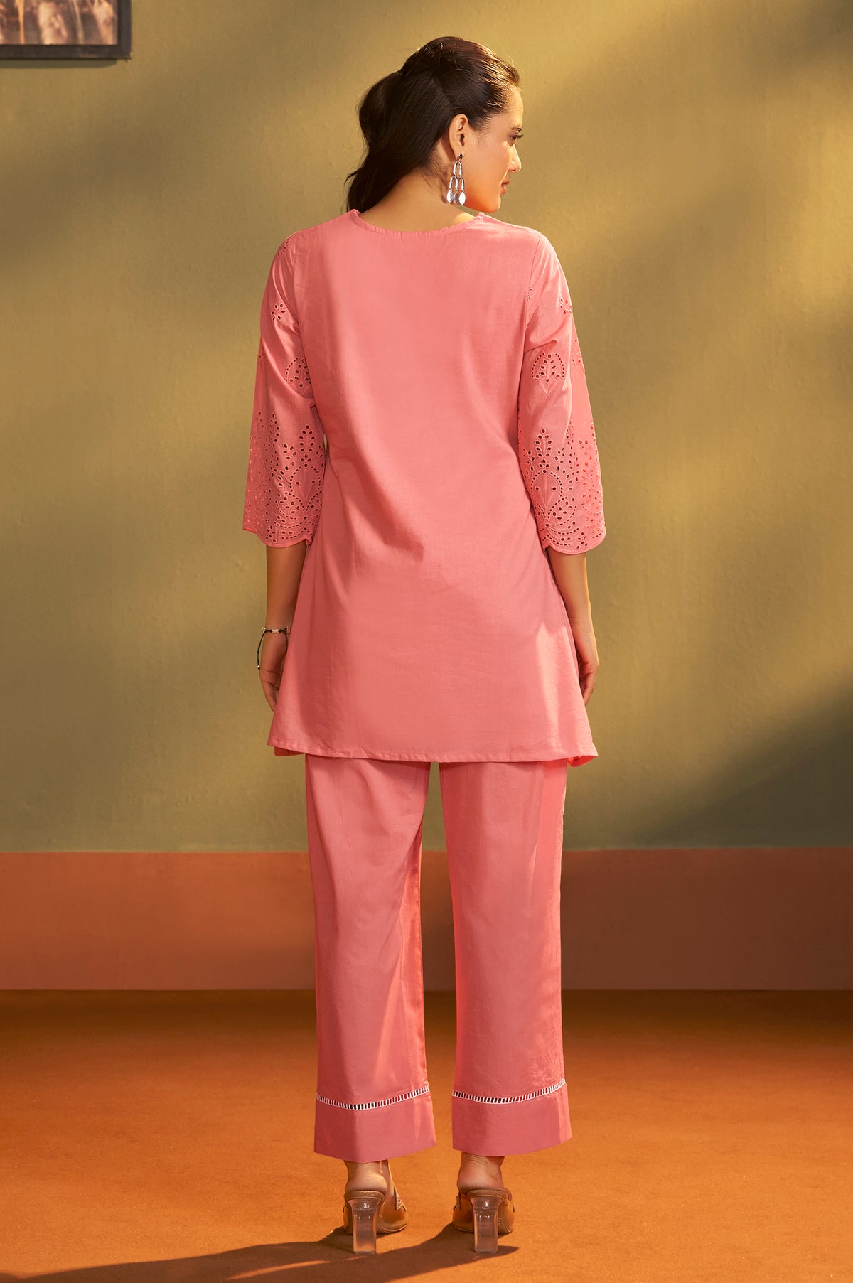 Women’s Pure Cotton Pink Schiffli Co-Ord Set