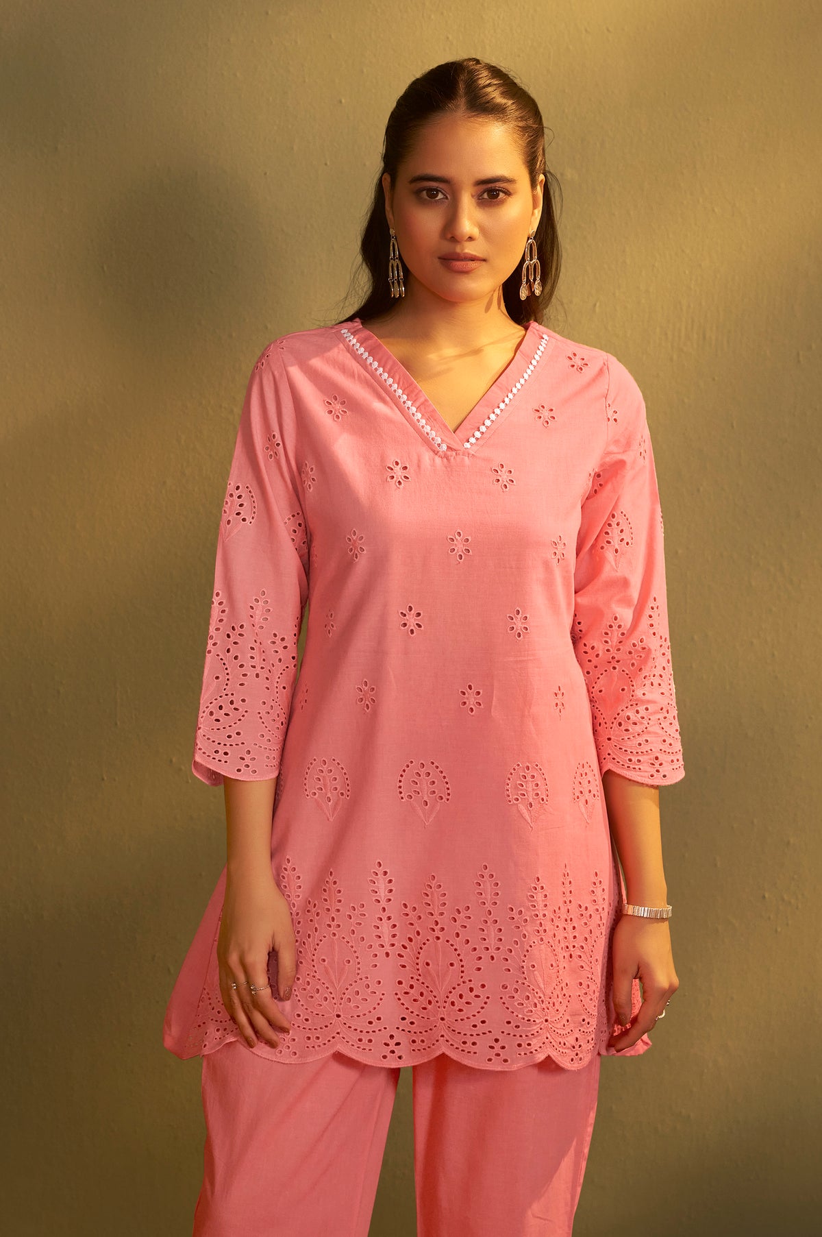 Women’s Pure Cotton Pink Schiffli Co-Ord Set