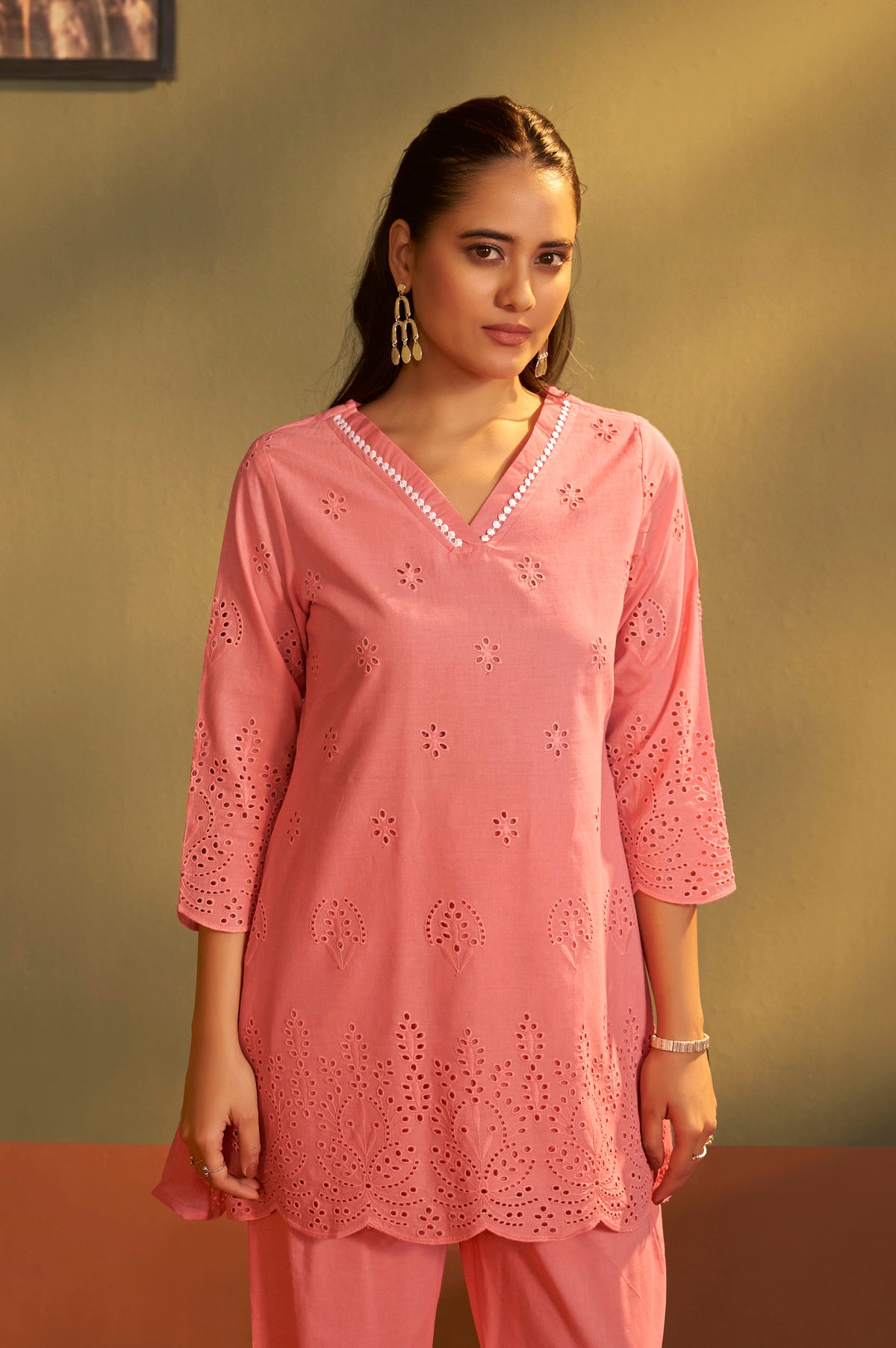 Women’s Pure Cotton Pink Schiffli Co-Ord Set