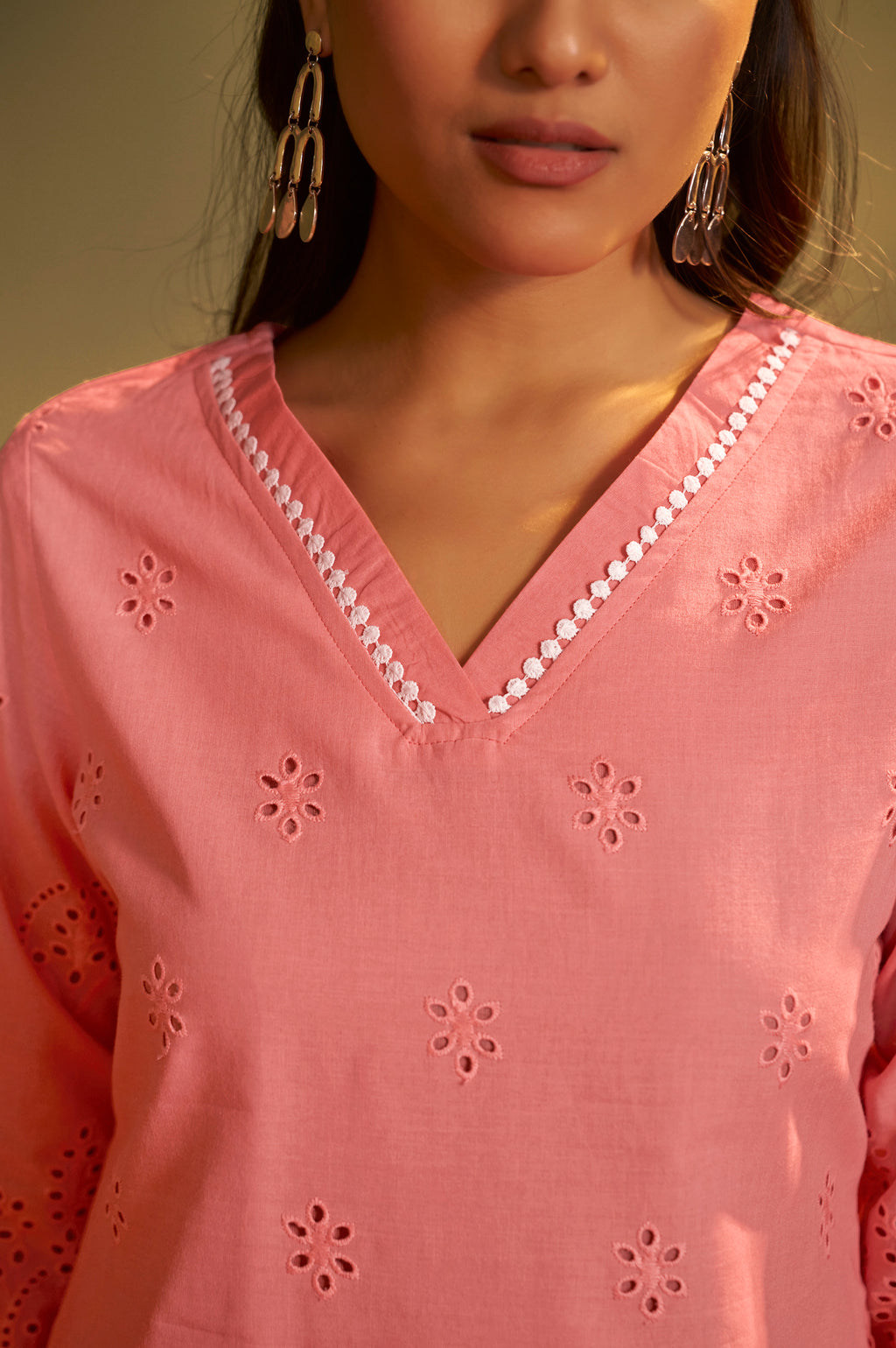 Women’s Pure Cotton Pink Schiffli Co-Ord Set